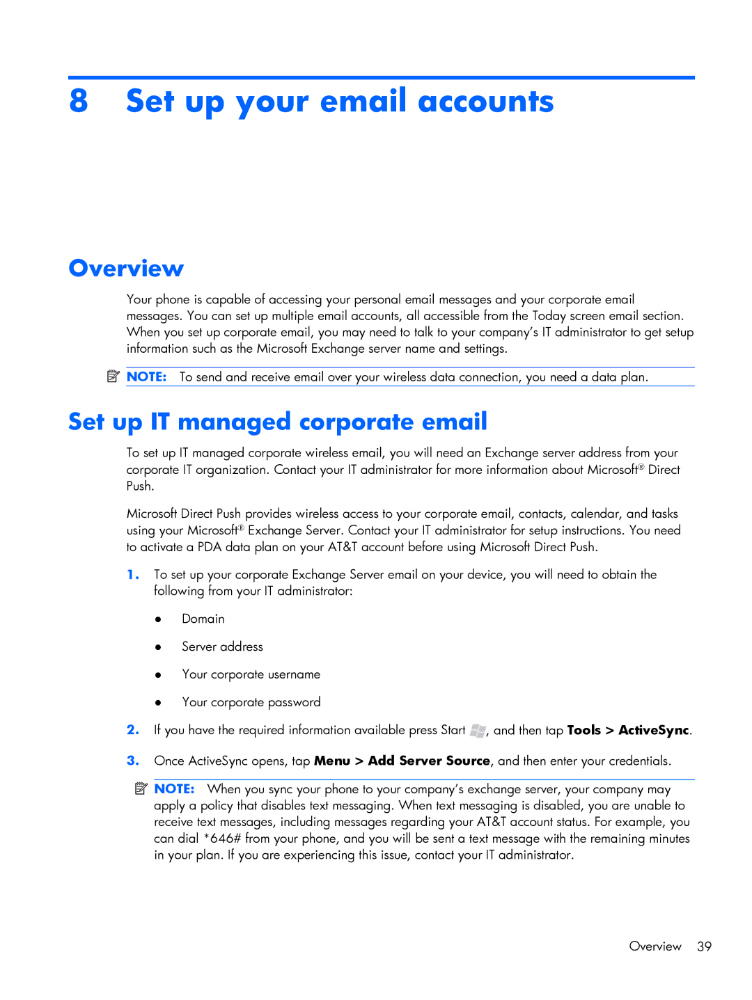 HP Glisten-AT&T manual Set up your email accounts, Overview, Set up IT managed corporate email 