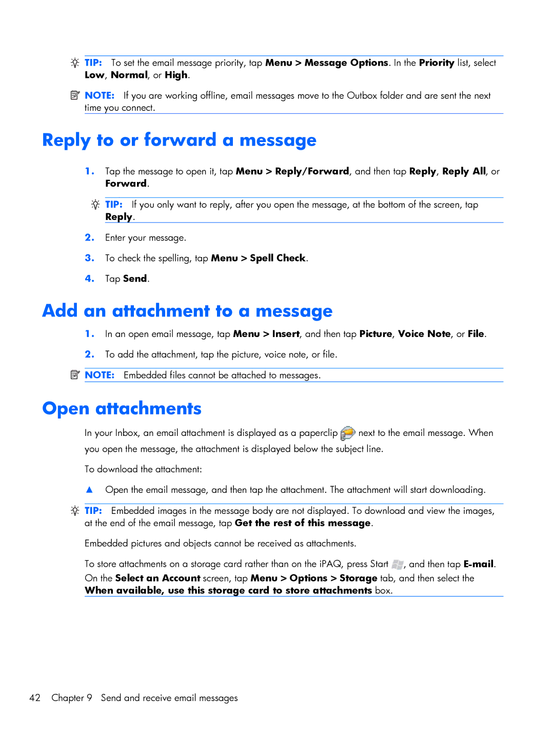 HP Glisten-AT&T manual Reply to or forward a message, Add an attachment to a message, Open attachments 