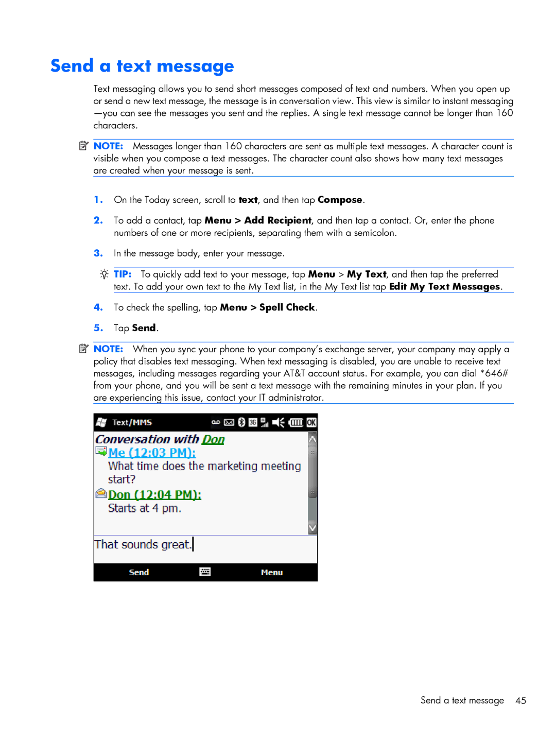 HP Glisten-AT&T manual Send a text message 