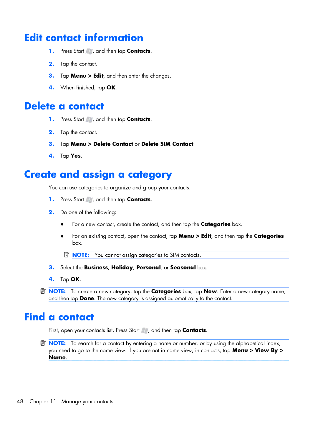 HP Glisten-AT&T manual Edit contact information, Delete a contact, Create and assign a category, Find a contact 
