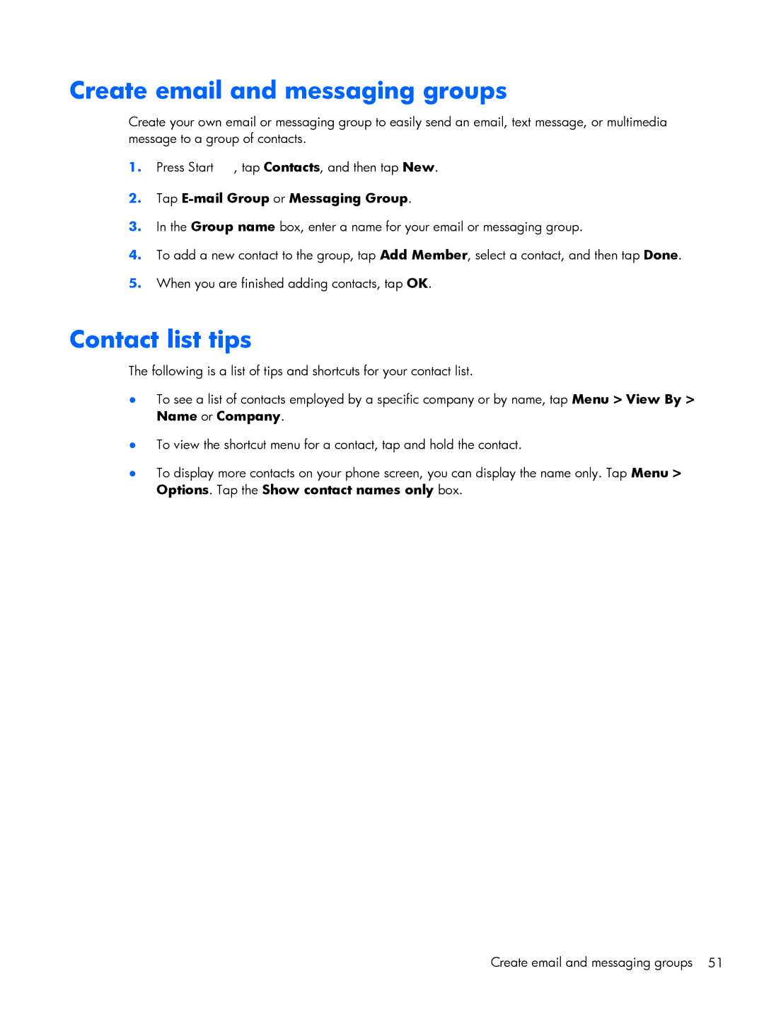 HP Glisten-AT&T manual Create email and messaging groups, Contact list tips, Tap E-mail Group or Messaging Group 