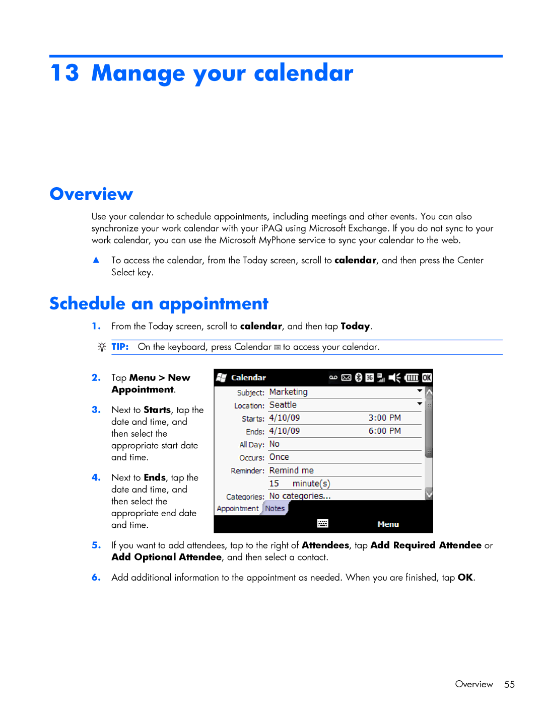 HP Glisten-AT&T manual Manage your calendar, Schedule an appointment, Tap Menu New Appointment 