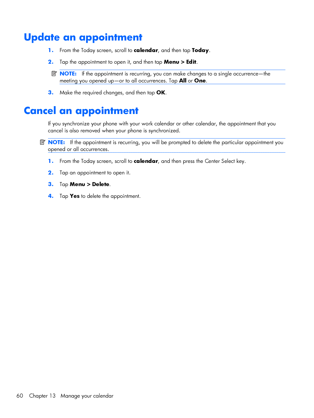 HP Glisten-AT&T manual Update an appointment, Cancel an appointment, Tap Menu Delete 