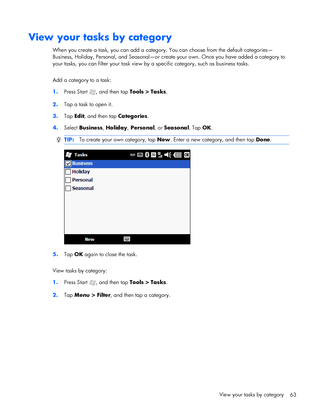 HP Glisten-AT&T manual View your tasks by category, Select Business, Holiday, Personal, or Seasonal. Tap OK 