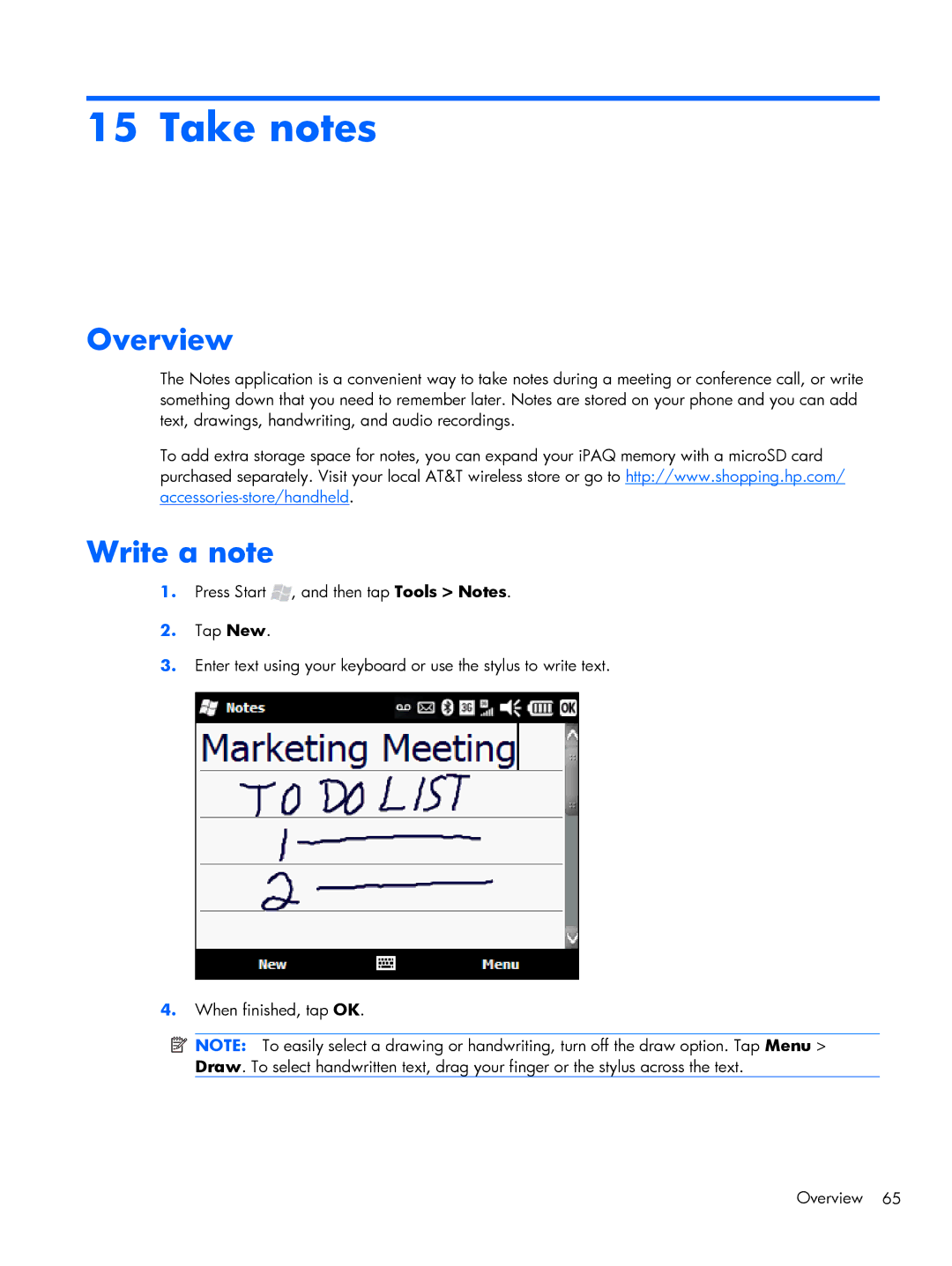 HP Glisten-AT&T manual Take notes, Overview Write a note 
