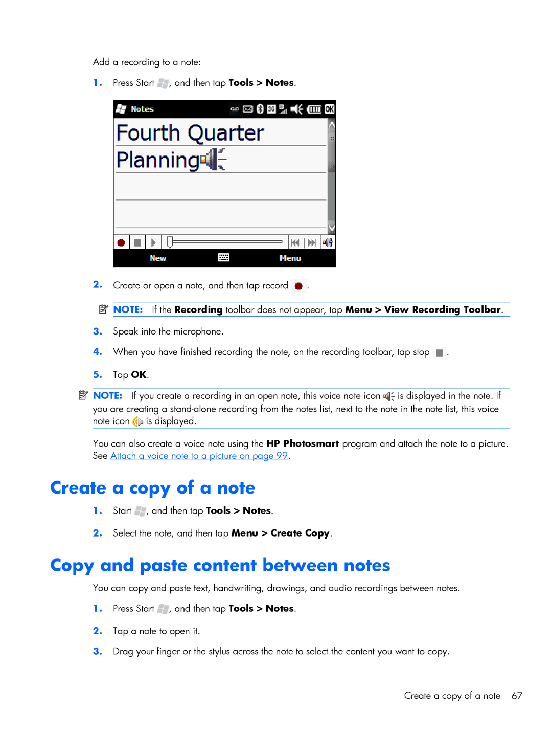 HP Glisten-AT&T manual Create a copy of a note, Copy and paste content between notes 