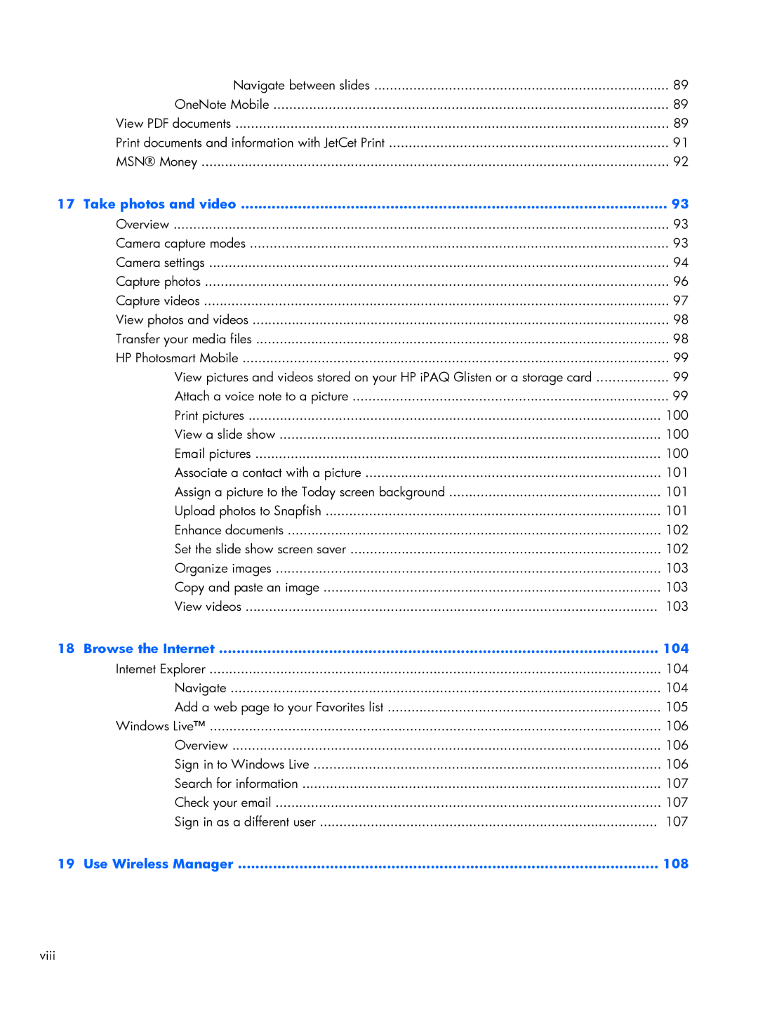 HP Glisten-AT&T manual Take photos and video, Browse the Internet 104, Use Wireless Manager 108 