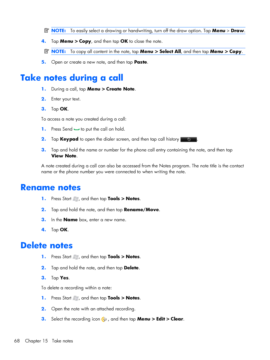 HP Glisten-AT&T manual Take notes during a call, Rename notes, Delete notes 