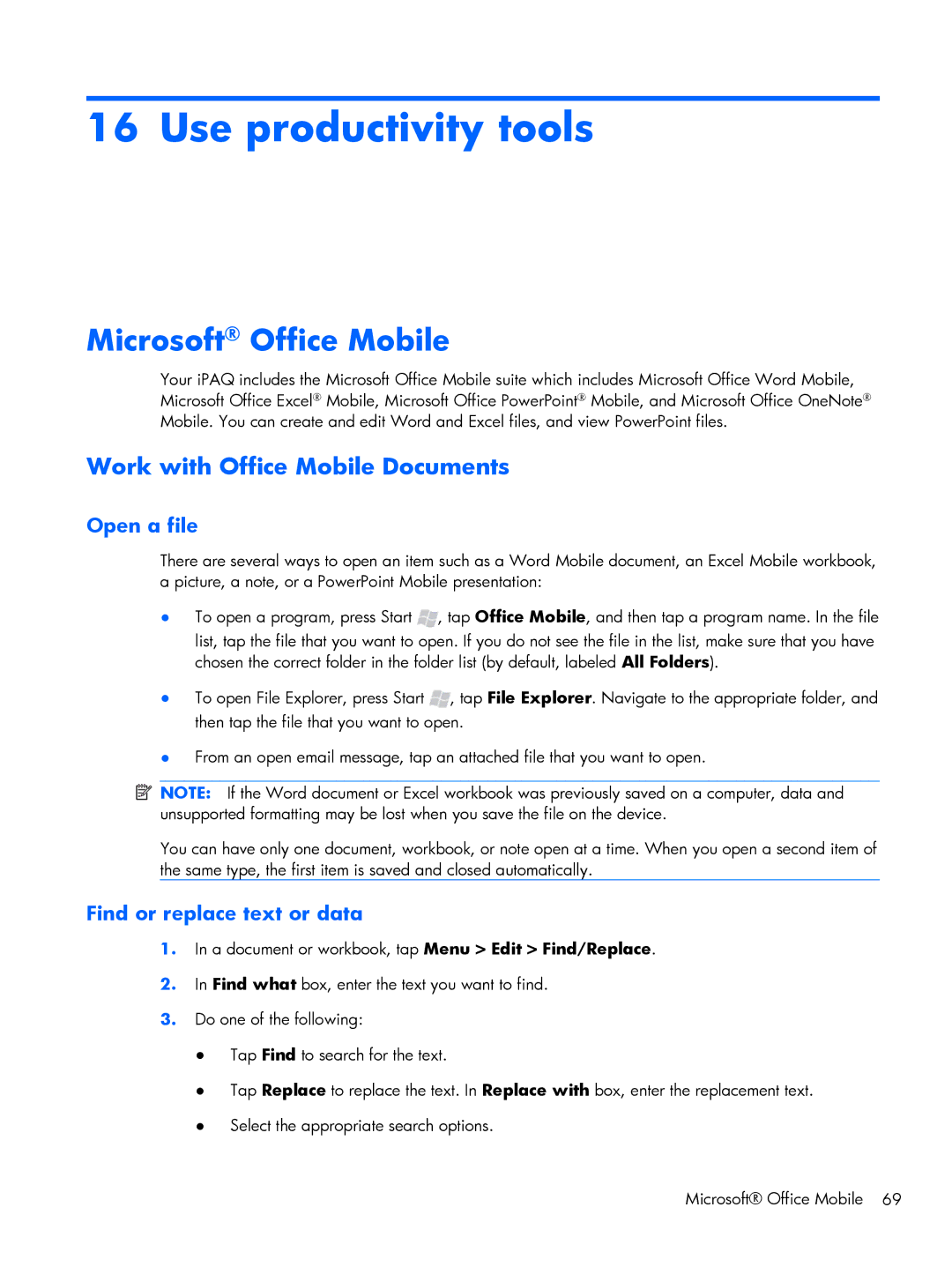 HP Glisten-AT&T manual Use productivity tools, Microsoft Office Mobile, Work with Office Mobile Documents, Open a file 