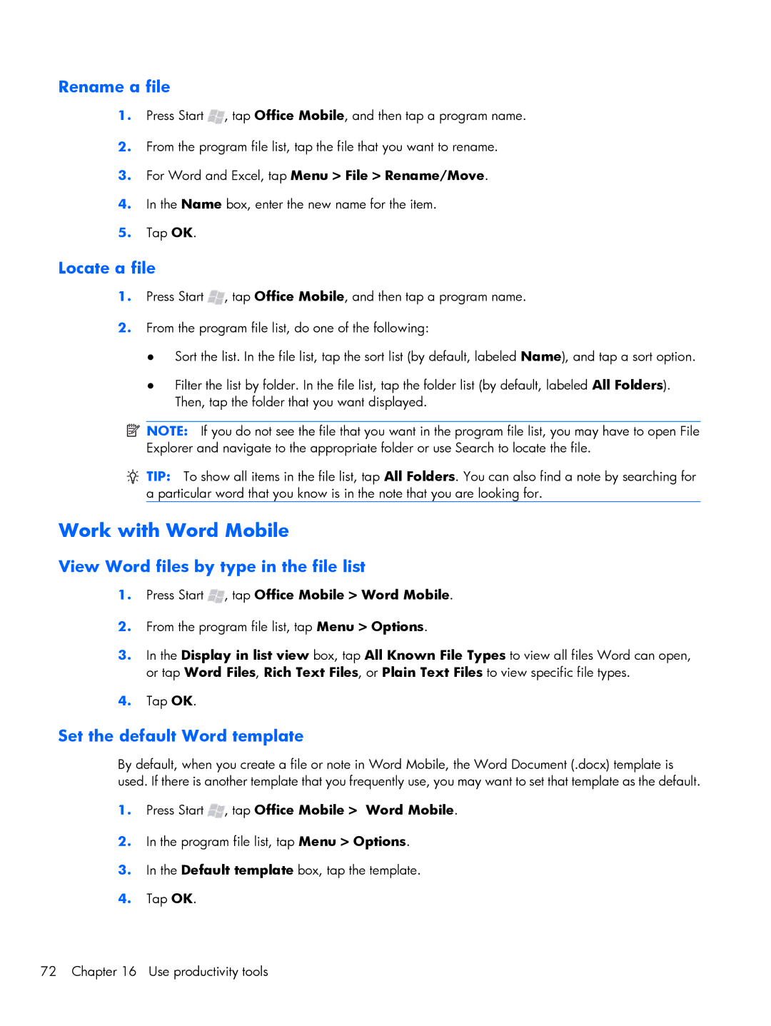 HP Glisten-AT&T manual Work with Word Mobile, Rename a file, Locate a file, View Word files by type in the file list 