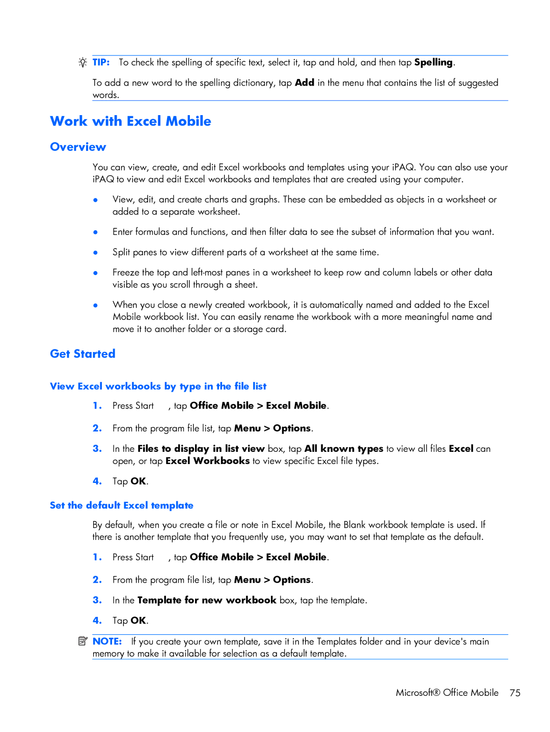 HP Glisten-AT&T manual Work with Excel Mobile, Overview, Get Started, View Excel workbooks by type in the file list 