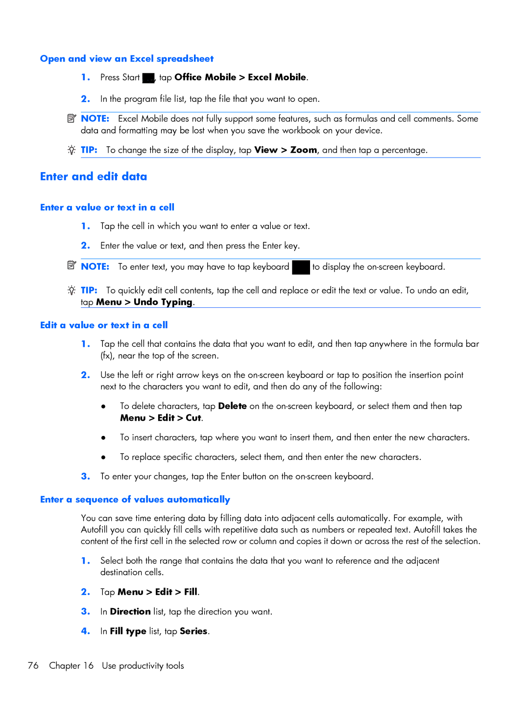 HP Glisten-AT&T manual Enter and edit data, Open and view an Excel spreadsheet, Enter a value or text in a cell 