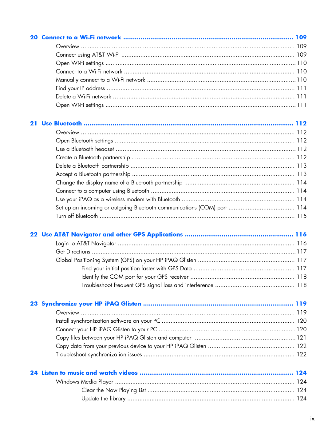 HP Glisten-AT&T manual Connect to a Wi-Fi network 109, Use Bluetooth 112, Use AT&T Navigator and other GPS Applications 116 