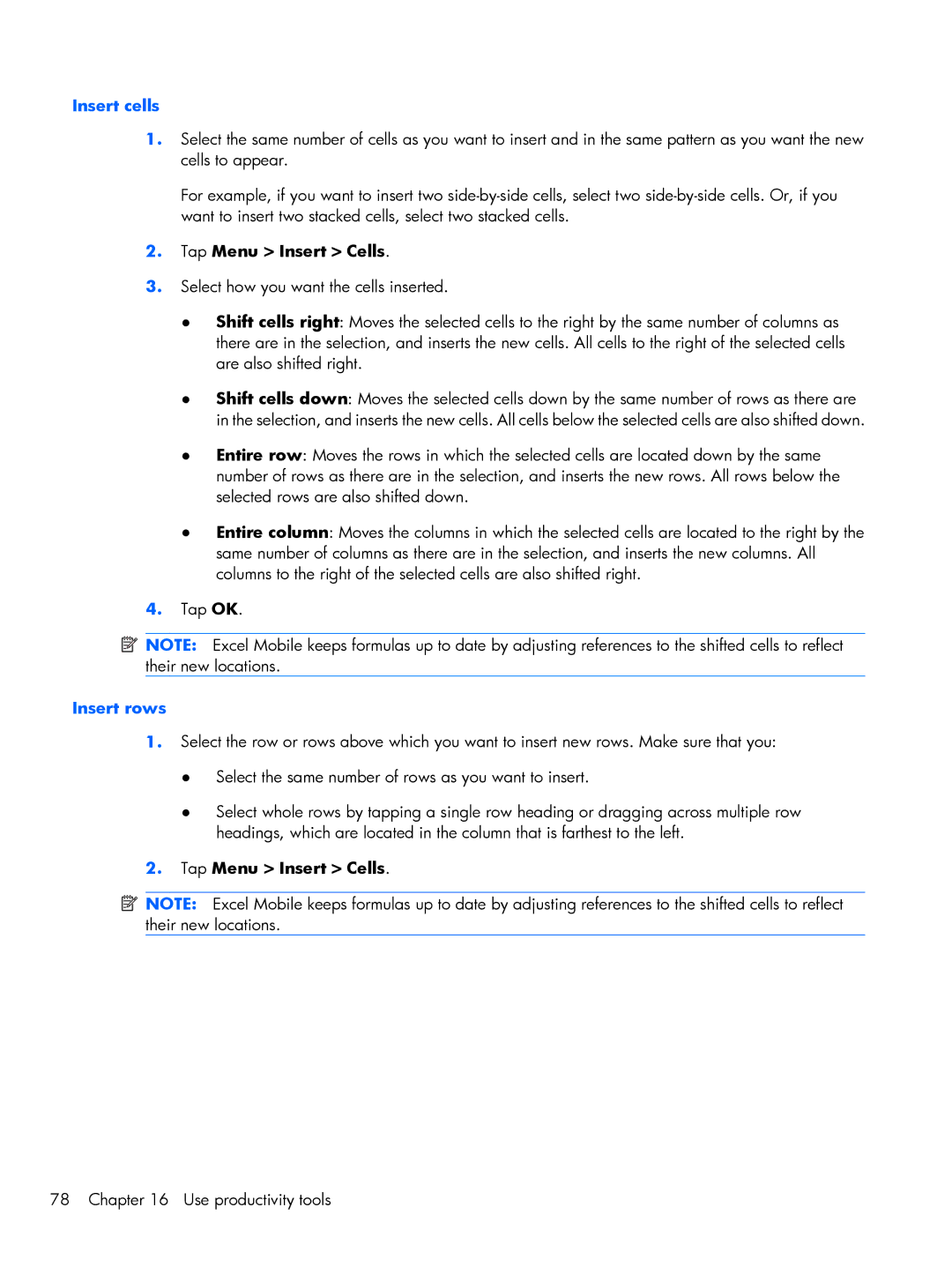 HP Glisten-AT&T manual Insert cells, Tap Menu Insert Cells, Insert rows 