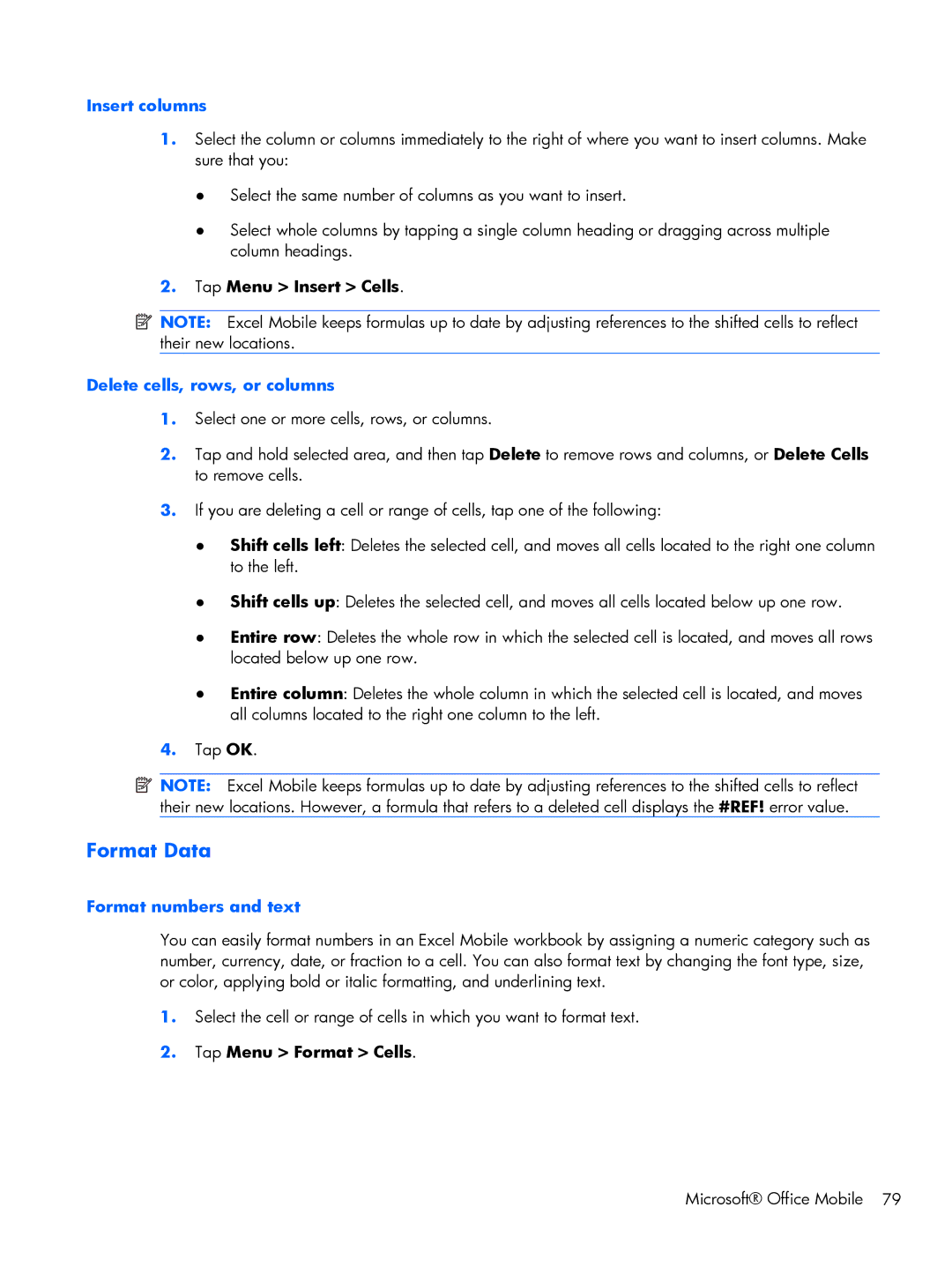 HP Glisten-AT&T manual Format Data, Insert columns, Delete cells, rows, or columns, Format numbers and text 