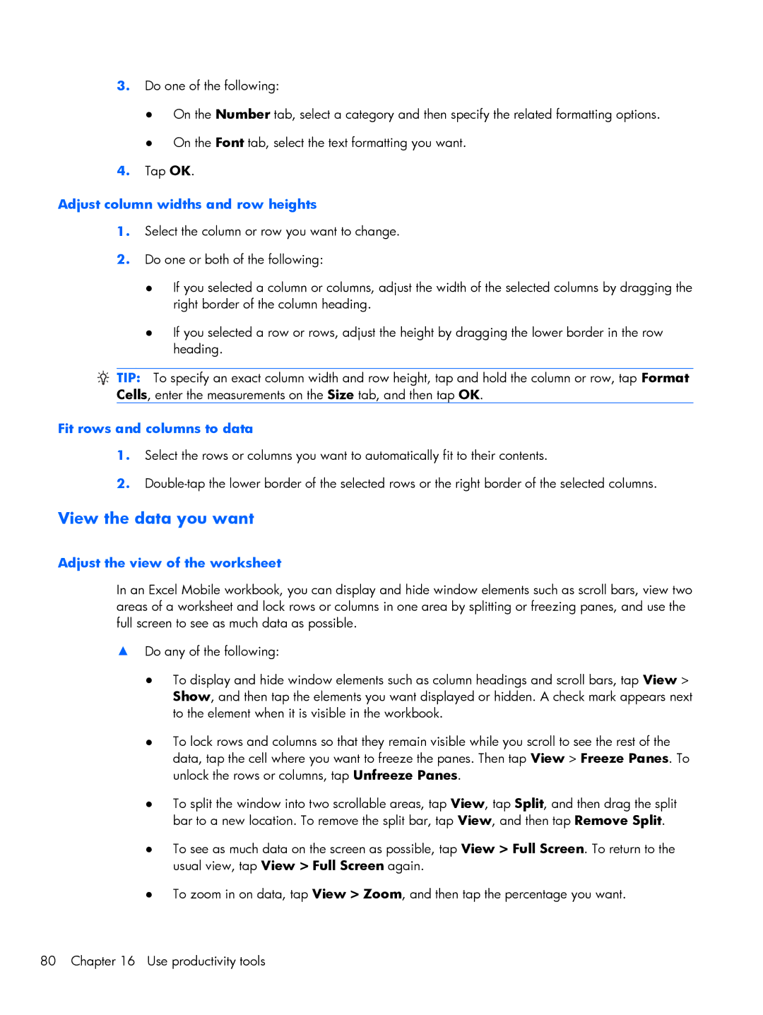 HP Glisten-AT&T manual View the data you want, Adjust column widths and row heights, Fit rows and columns to data 