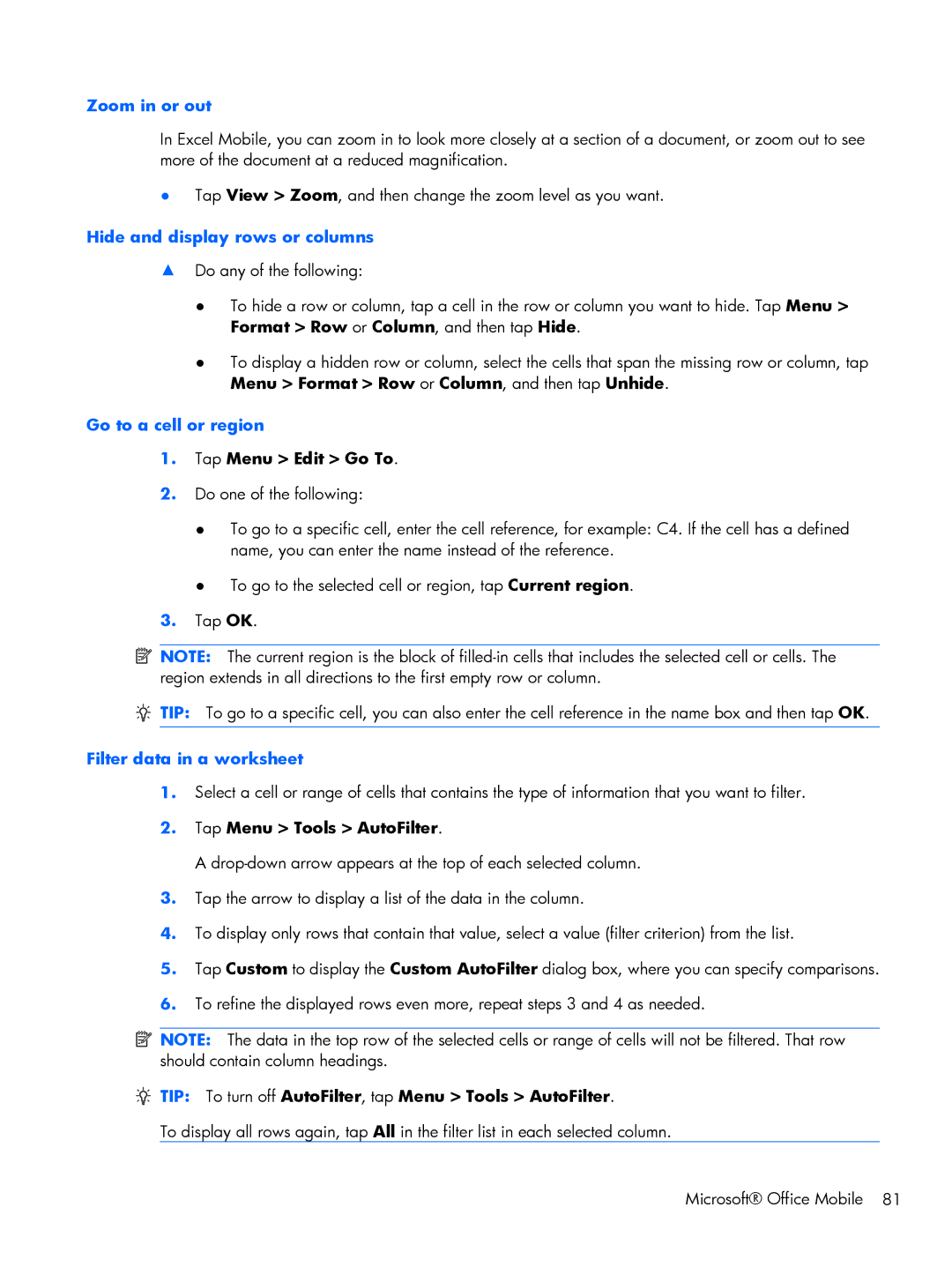 HP Glisten-AT&T manual Zoom in or out, Hide and display rows or columns, Go to a cell or region, Filter data in a worksheet 