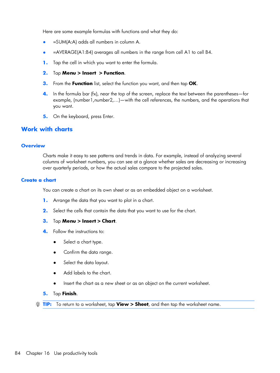 HP Glisten-AT&T manual Work with charts, Overview, Create a chart 