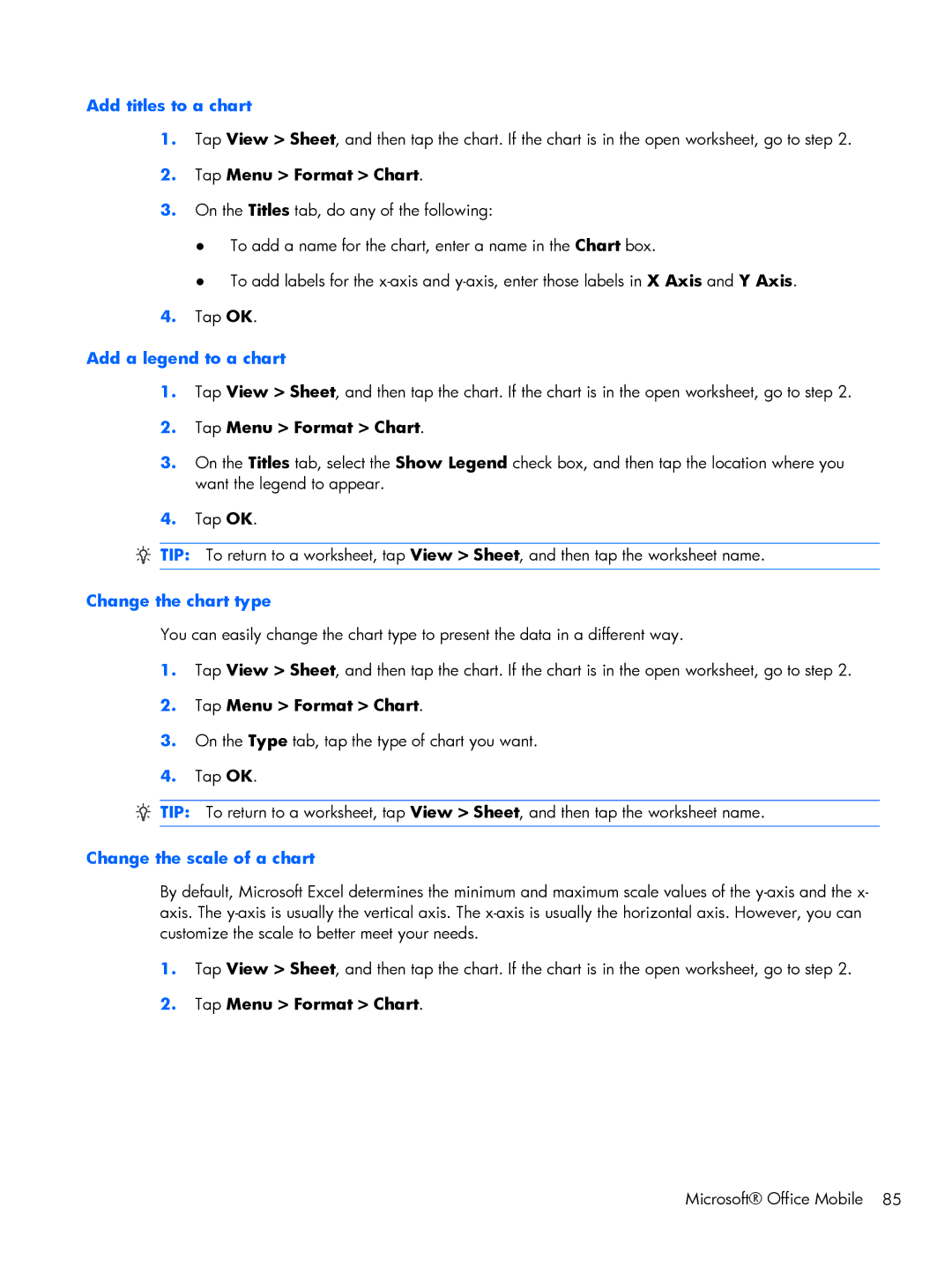 HP Glisten-AT&T manual Add titles to a chart, Tap Menu Format Chart, Add a legend to a chart, Change the chart type 