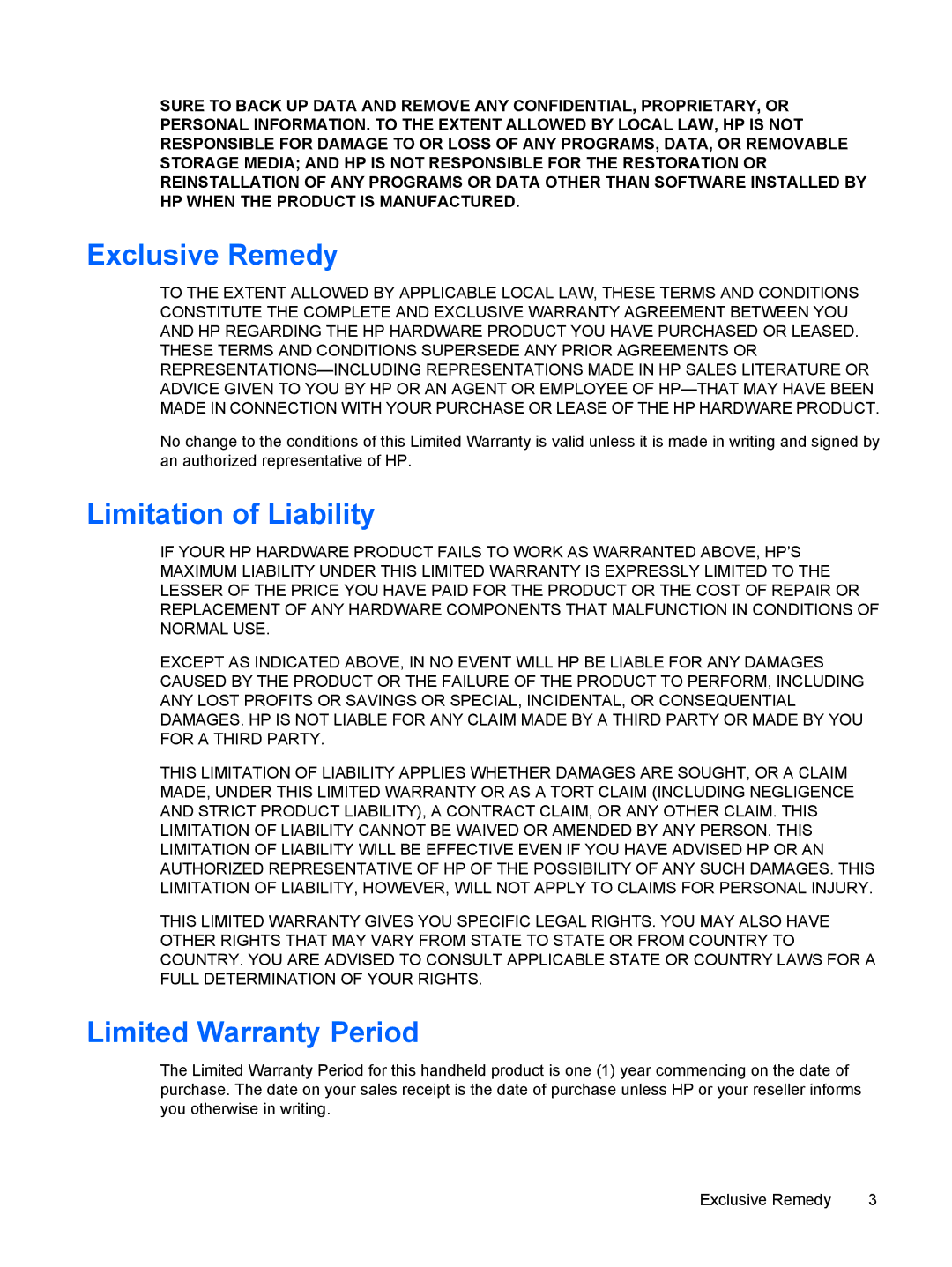 HP Glisten-AT&T manual Exclusive Remedy, Limitation of Liability, Limited Warranty Period 