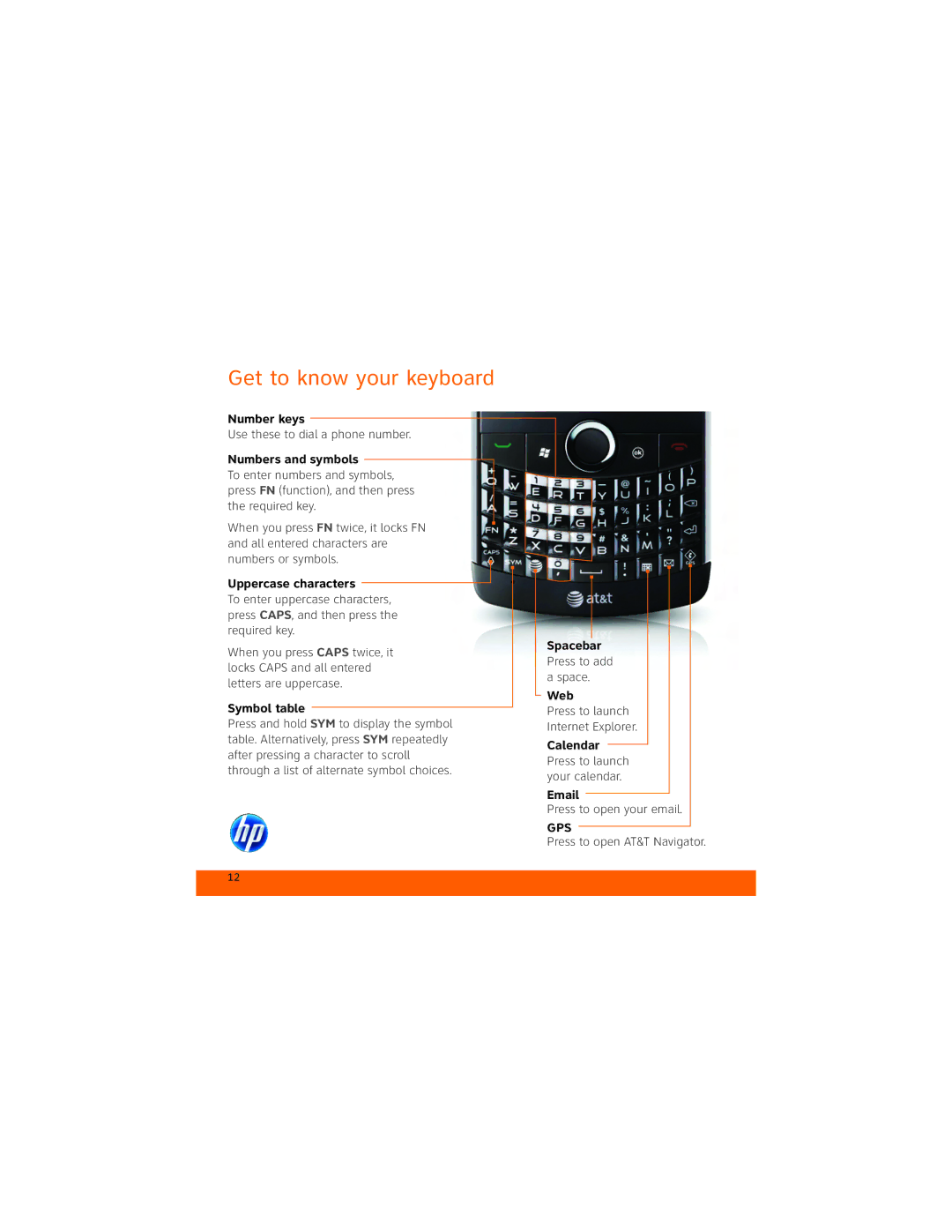 HP Glisten-AT&T manual Get to know your keyboard, Numbers and symbols 