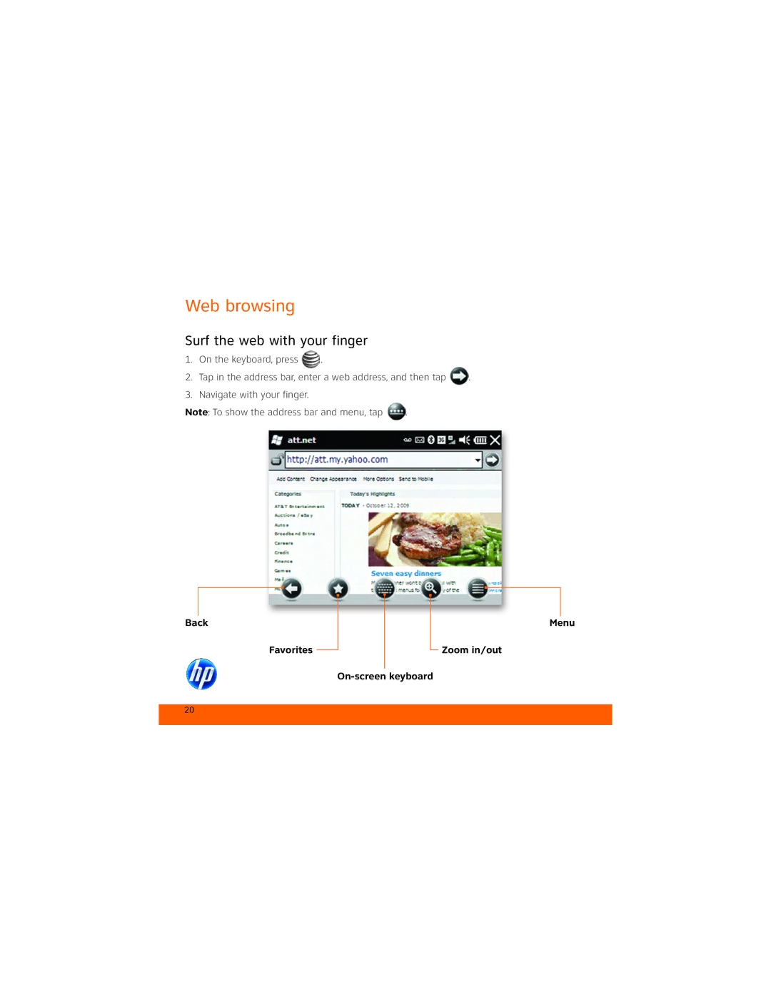 HP Glisten-AT&T manual Web browsing, Surf the web with your finger 