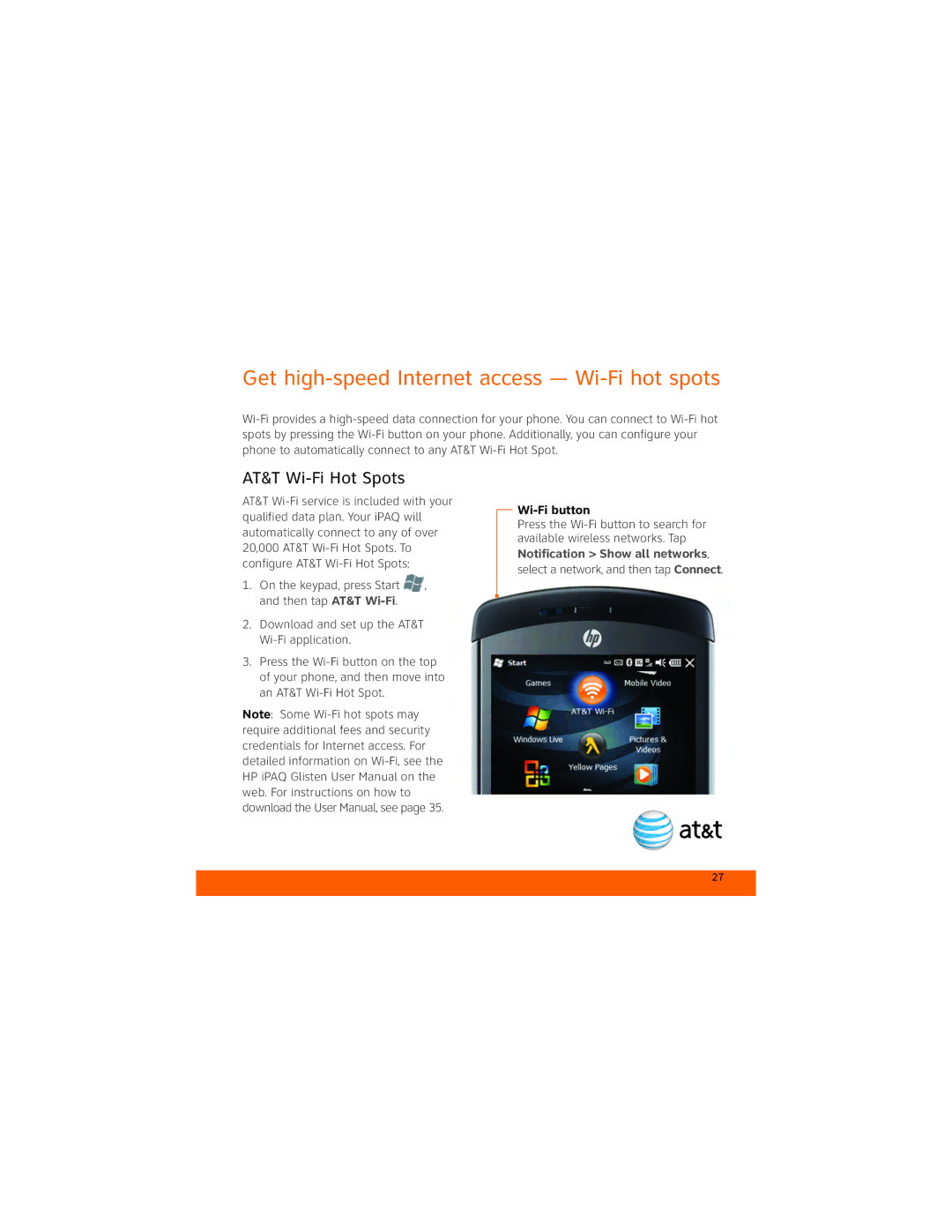 HP Glisten-AT&T manual Get high-speed Internet access Wi-Fi hot spots, AT&T Wi-Fi Hot Spots 