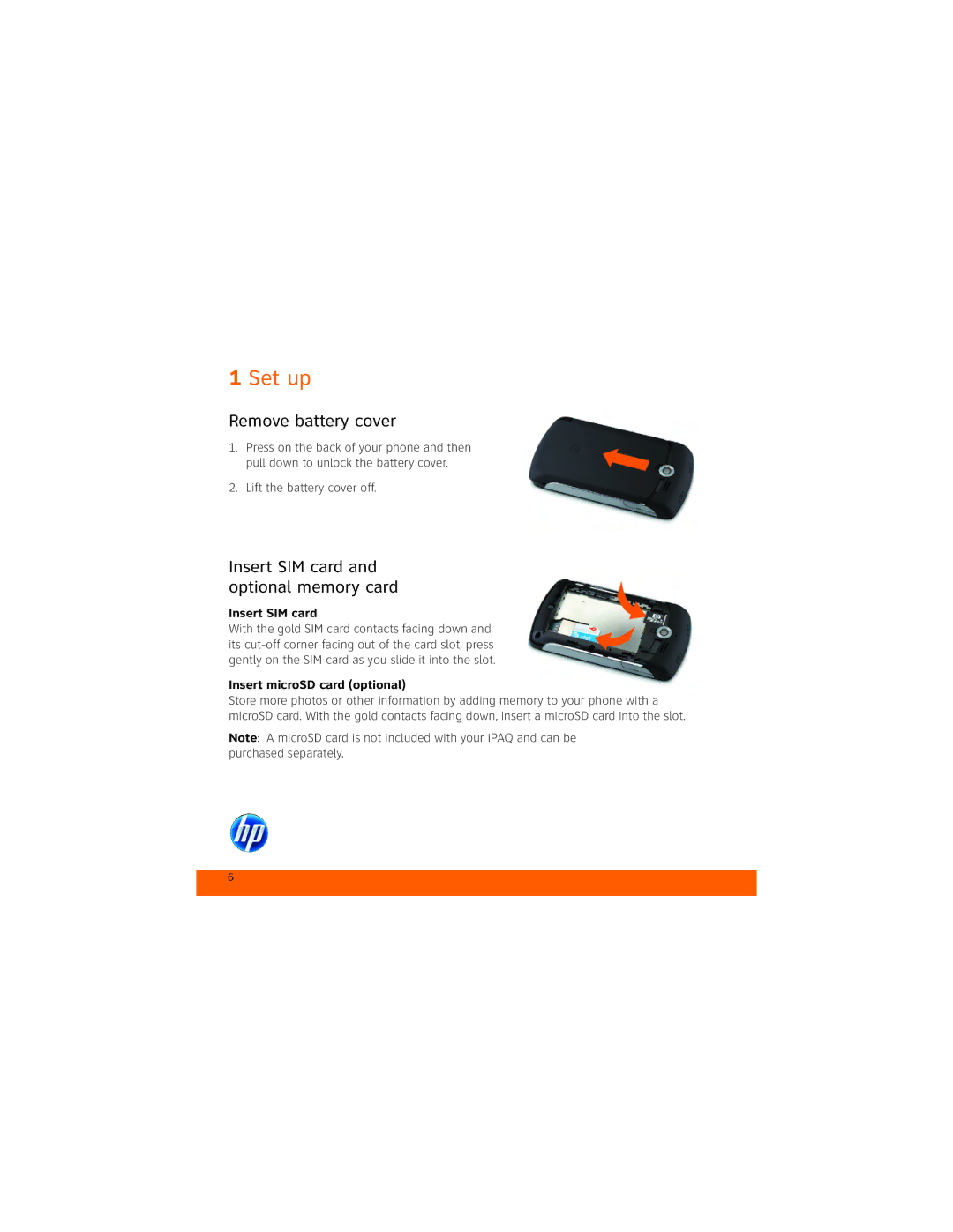 HP Glisten-AT&T manual Set up, Remove battery cover, Insert SIM card and optional memory card 