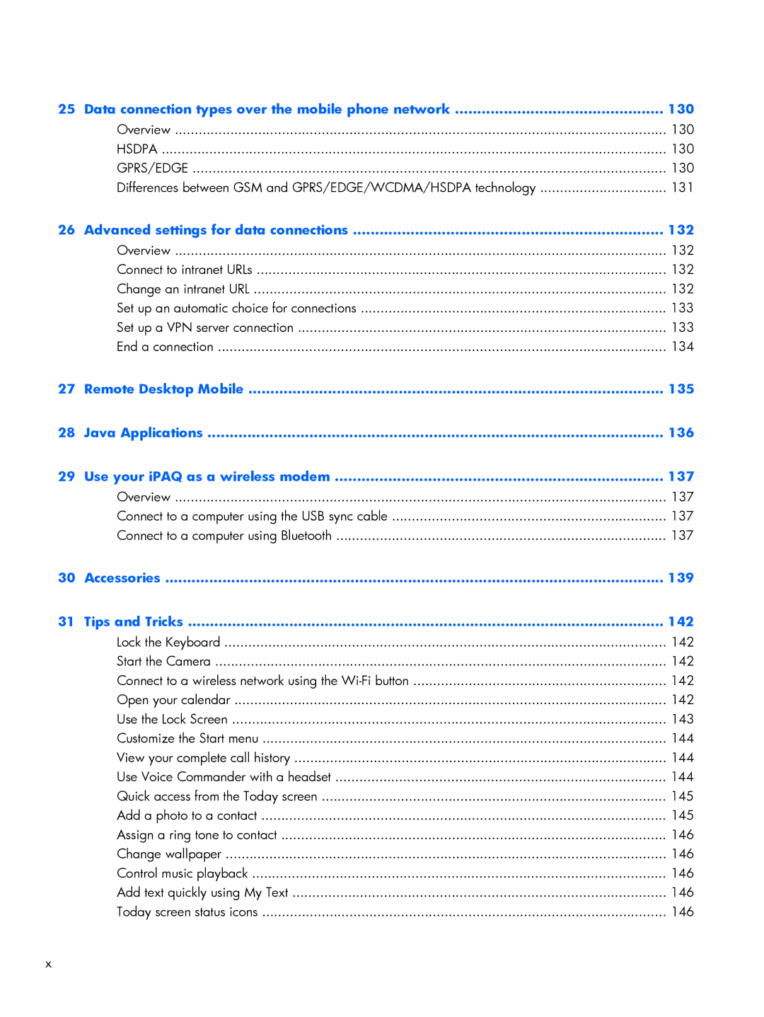 HP Glisten manual Data connection types over the mobile phone network 130, Advanced settings for data connections 132 