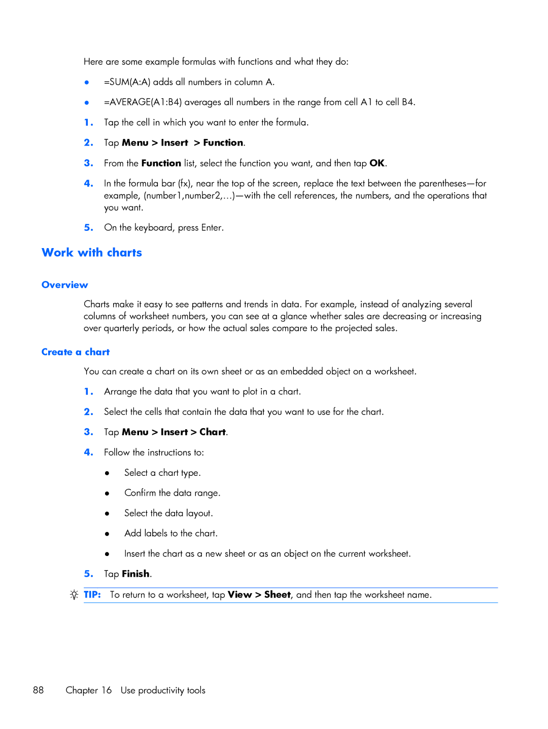 HP Glisten manual Work with charts, Overview, Create a chart 