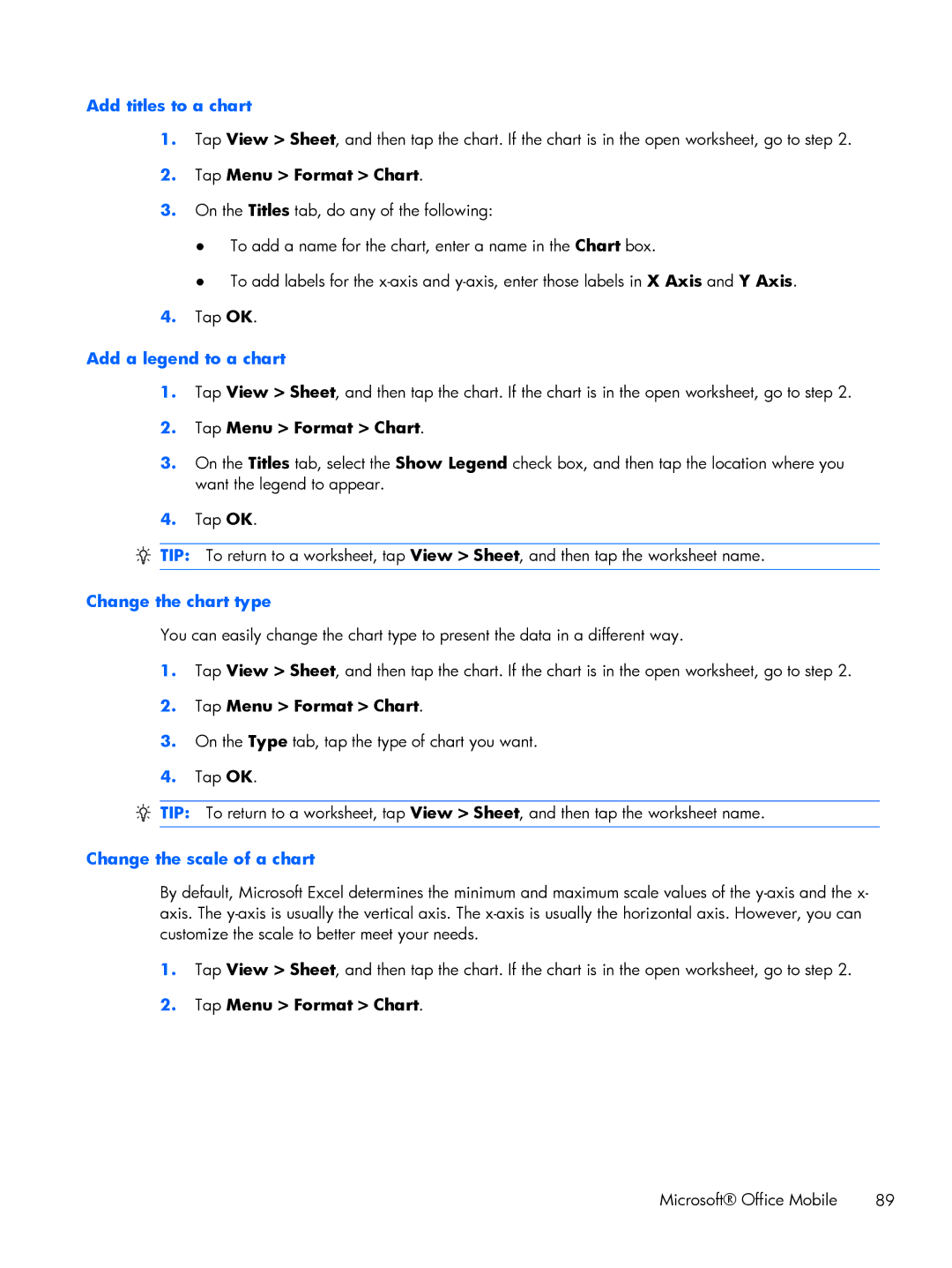 HP Glisten manual Add titles to a chart, Tap Menu Format Chart, Add a legend to a chart, Change the chart type 