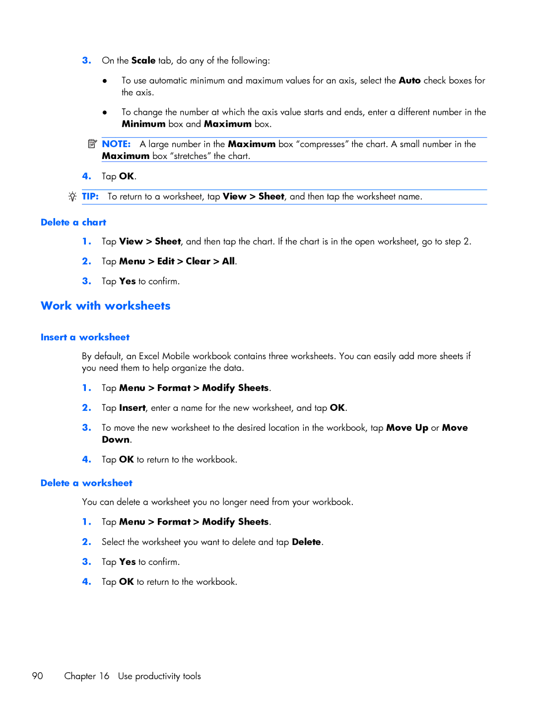 HP Glisten manual Work with worksheets, Delete a chart, Insert a worksheet, Delete a worksheet 