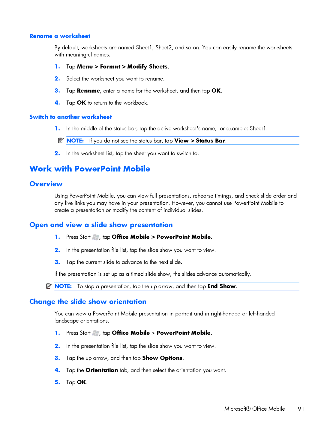 HP Glisten manual Work with PowerPoint Mobile, Open and view a slide show presentation, Change the slide show orientation 