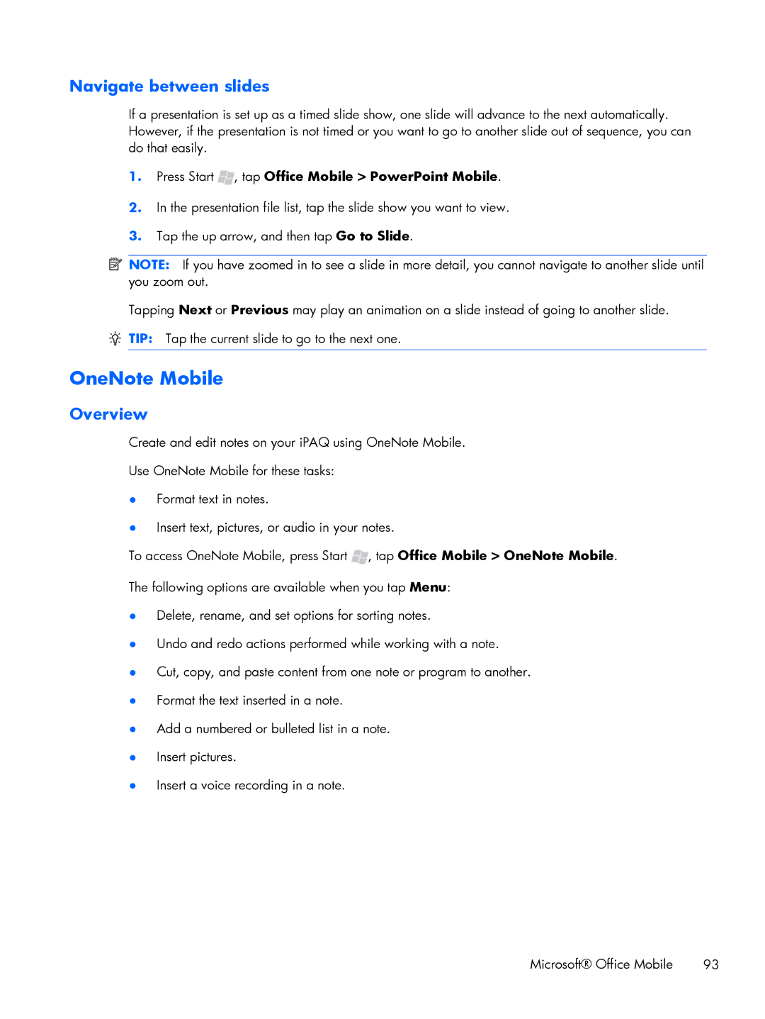 HP Glisten manual OneNote Mobile, Navigate between slides 