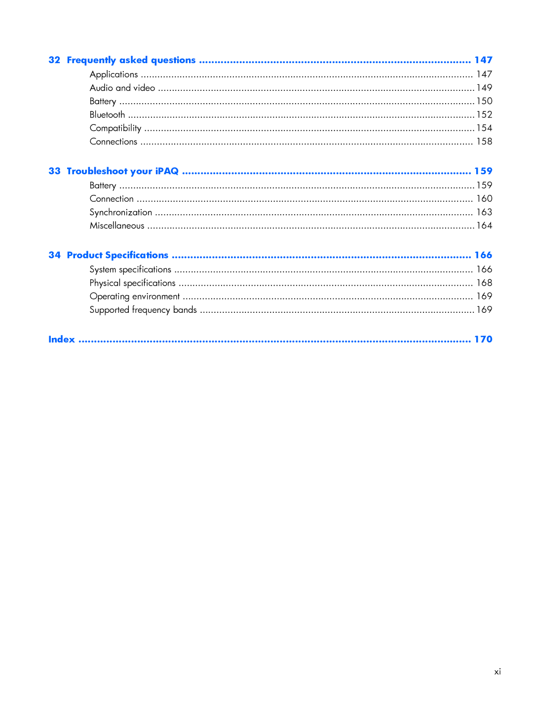 HP Glisten manual Frequently asked questions 147, Troubleshoot your iPAQ 159, Product Specifications 166, Index 170 