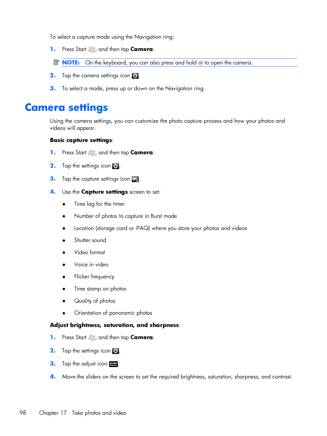 HP Glisten manual Camera settings, Basic capture settings, Adjust brightness, saturation, and sharpness 