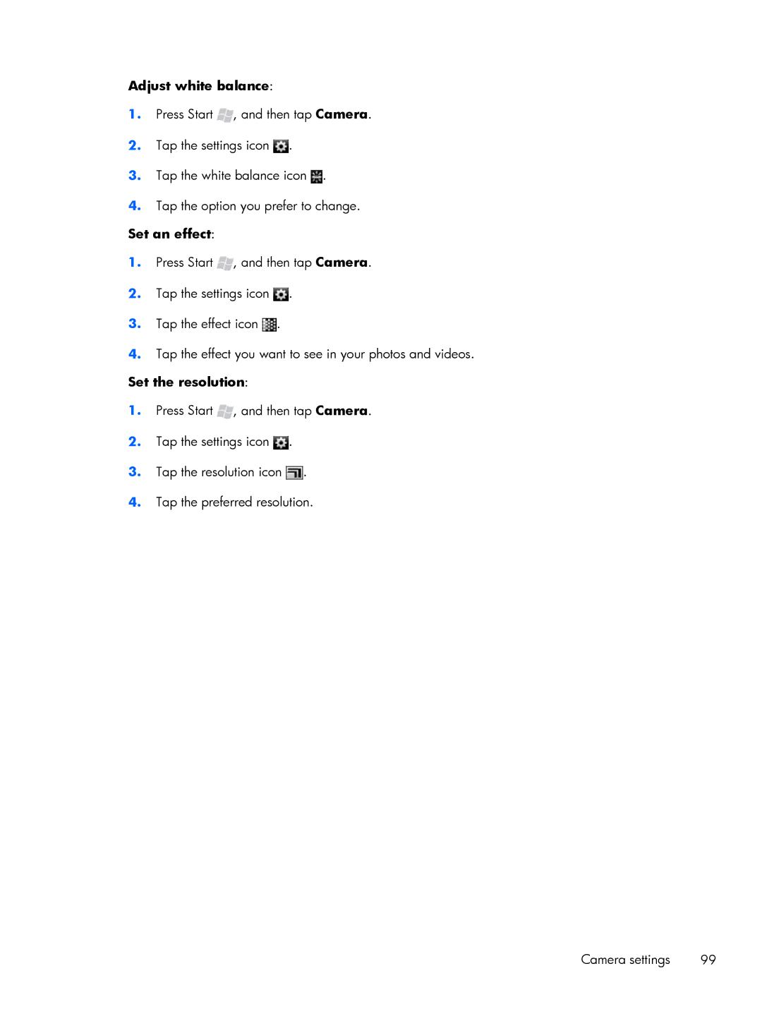 HP Glisten manual Adjust white balance, Set an effect, Set the resolution 
