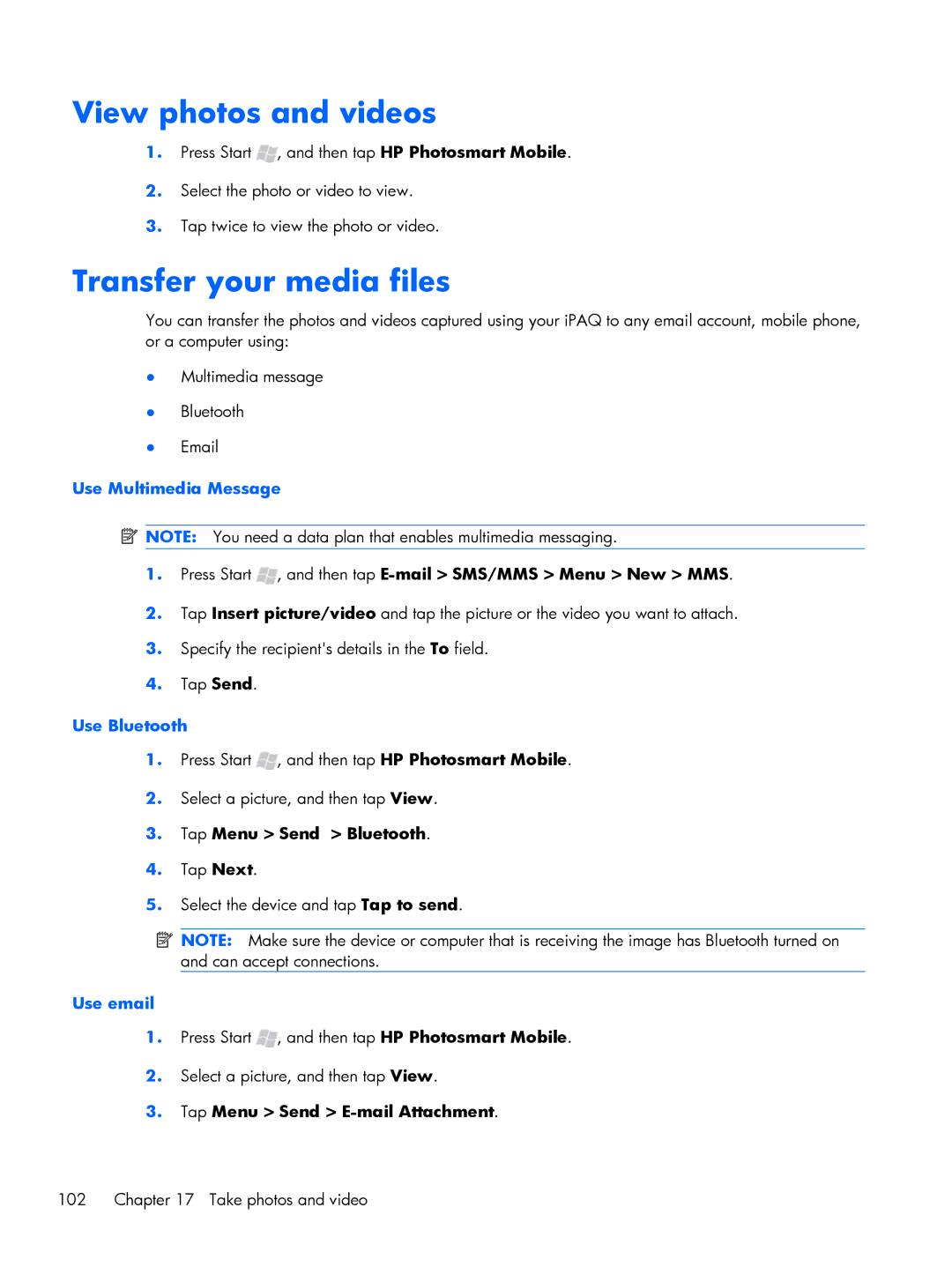 HP Glisten manual View photos and videos, Transfer your media files, Use Multimedia Message, Use Bluetooth, Use email 