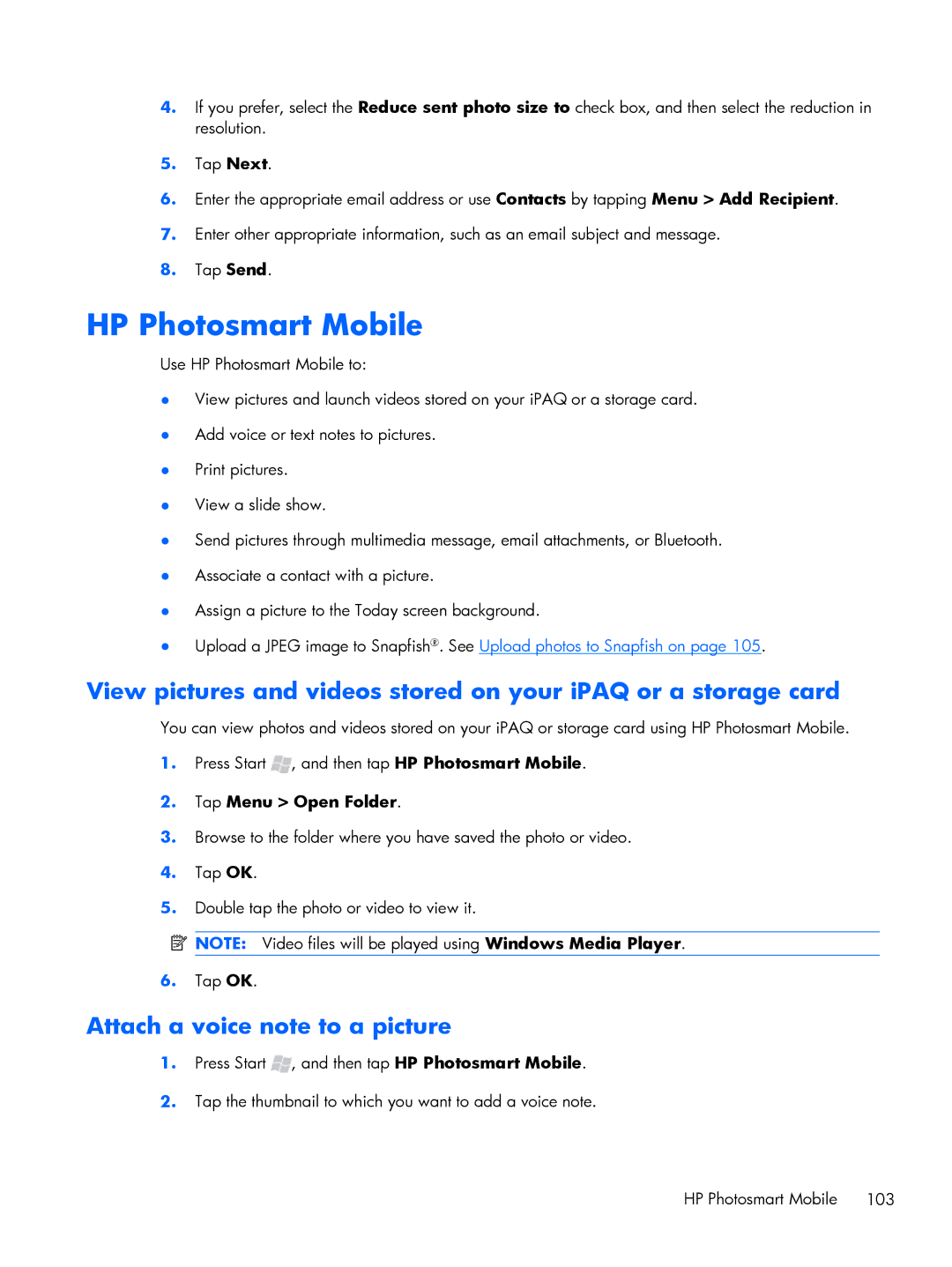 HP Glisten manual HP Photosmart Mobile, Attach a voice note to a picture, Tap Menu Open Folder 