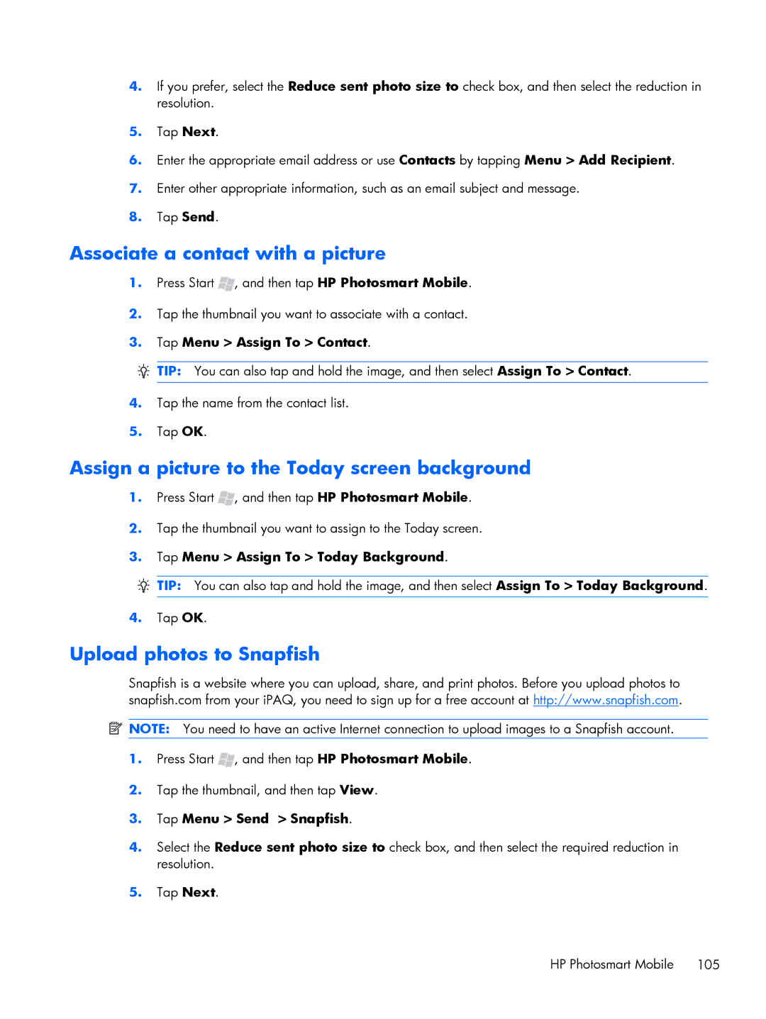 HP Glisten Associate a contact with a picture, Assign a picture to the Today screen background, Upload photos to Snapfish 