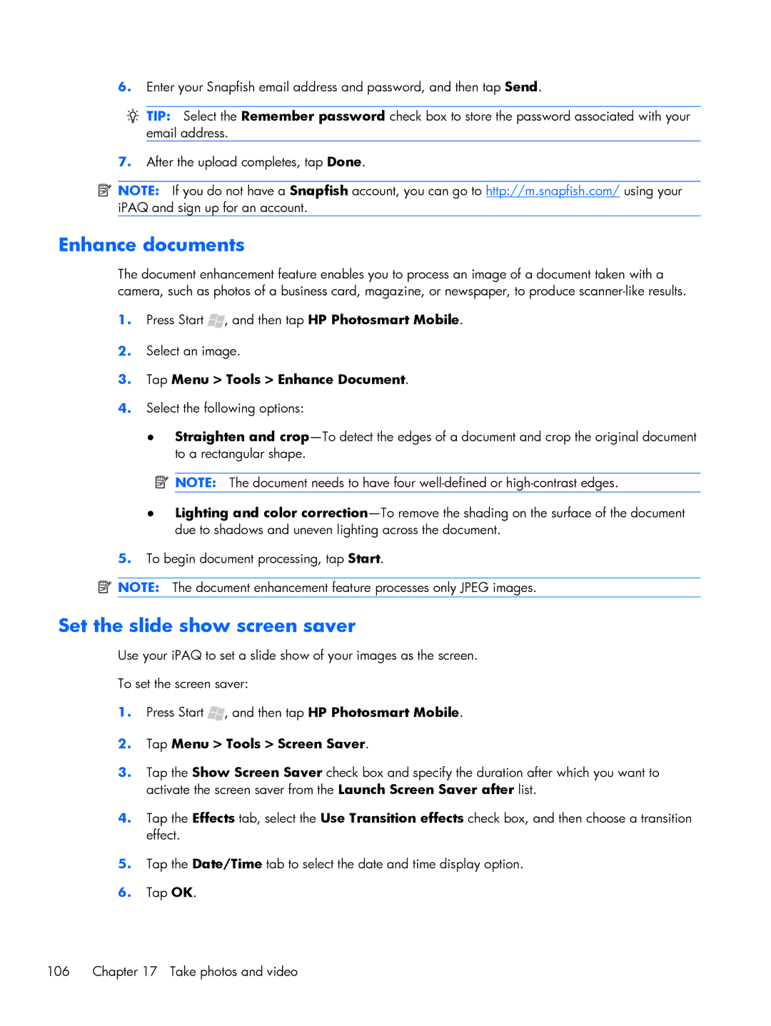 HP Glisten manual Enhance documents, Set the slide show screen saver, Tap Menu Tools Enhance Document 