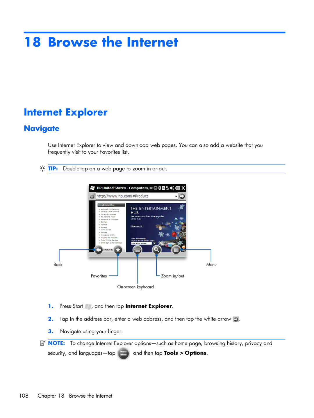 HP Glisten manual Browse the Internet, Internet Explorer, Navigate 