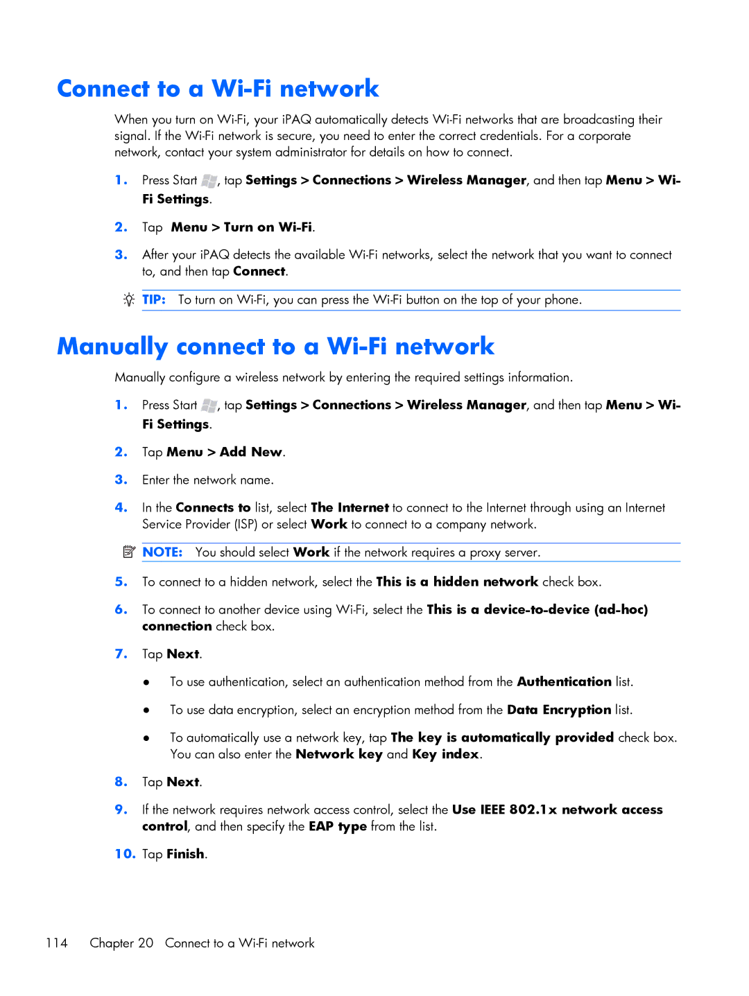 HP Glisten manual Connect to a Wi-Fi network, Manually connect to a Wi-Fi network 