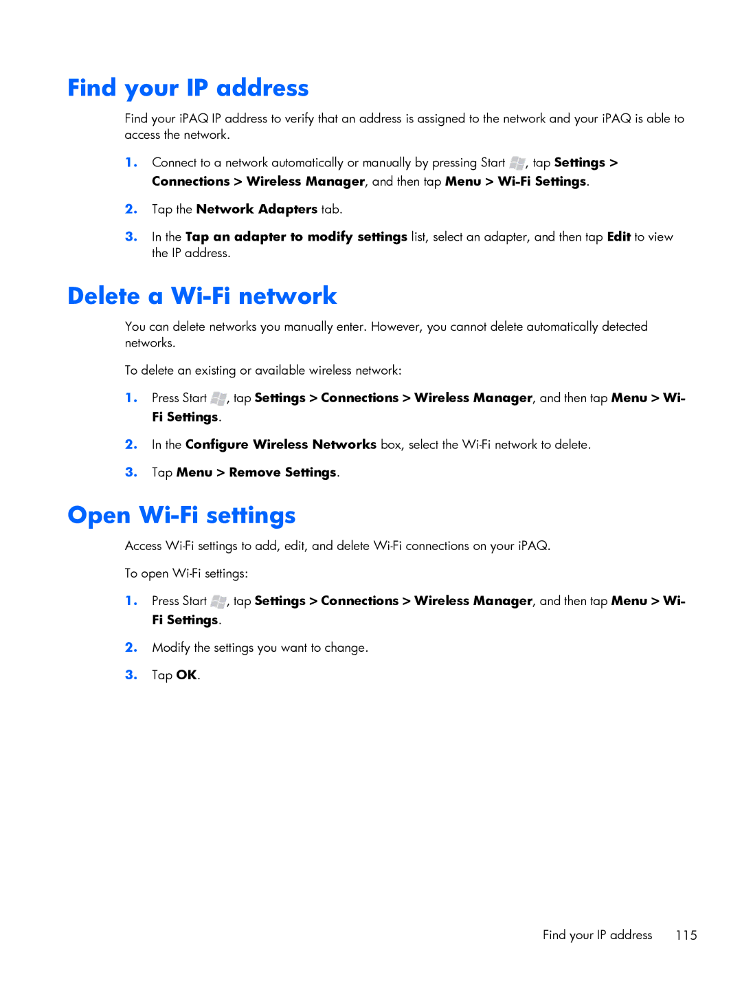 HP Glisten manual Find your IP address, Delete a Wi-Fi network, Tap the Network Adapters tab, Tap Menu Remove Settings 