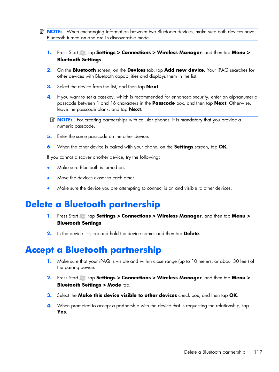 HP Glisten manual Delete a Bluetooth partnership, Accept a Bluetooth partnership 