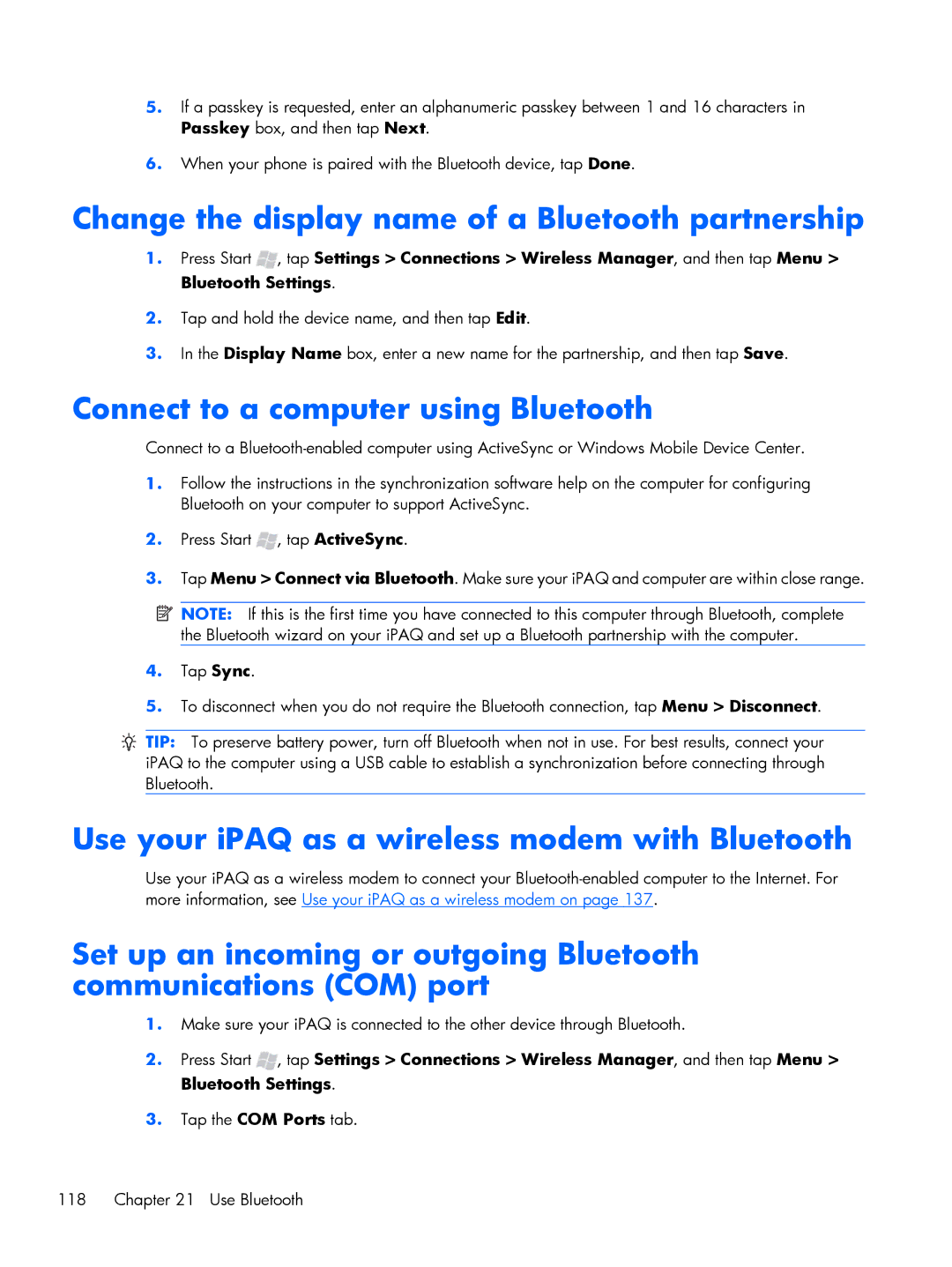 HP Glisten manual Change the display name of a Bluetooth partnership, Connect to a computer using Bluetooth 