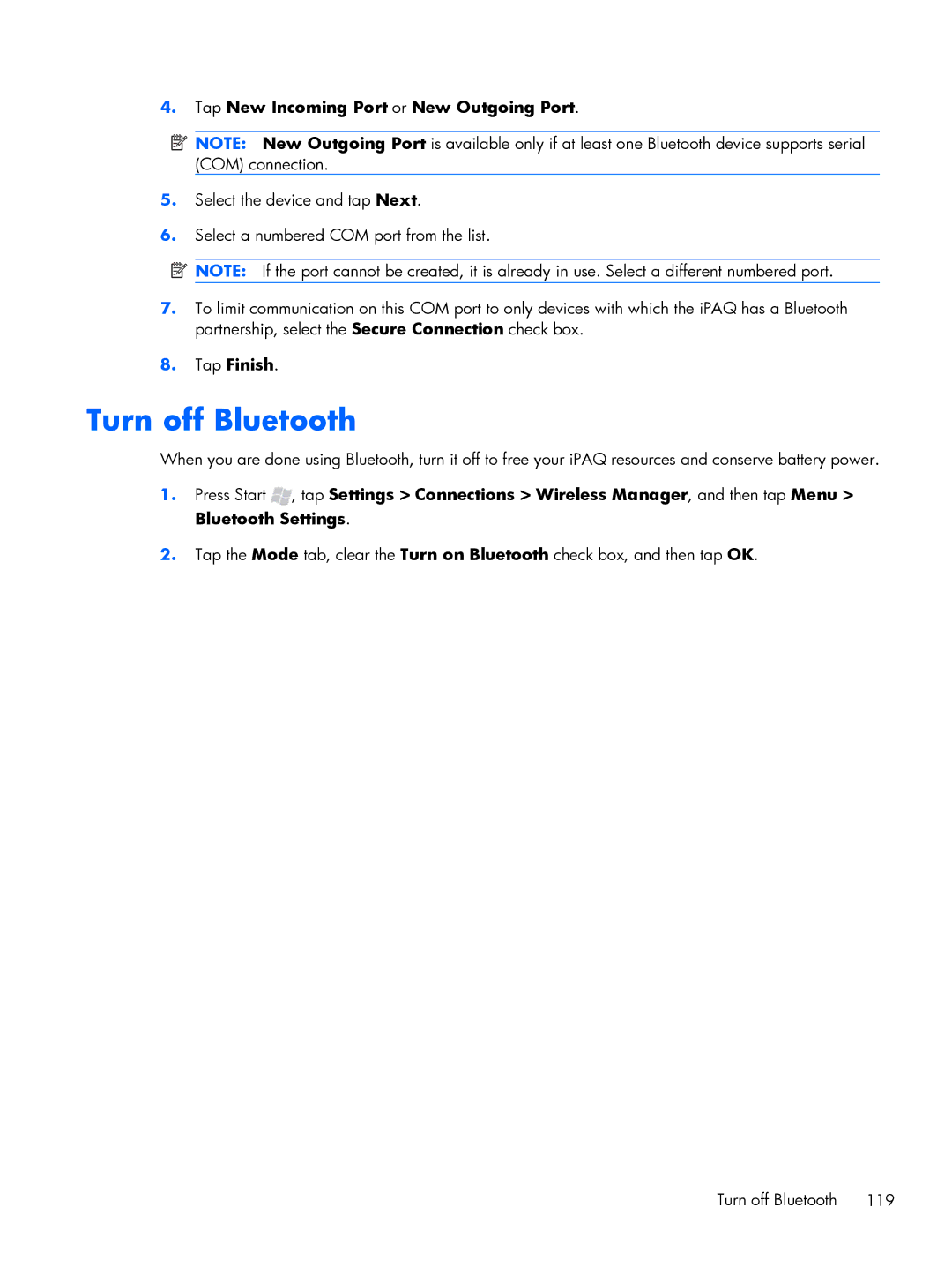 HP Glisten manual Turn off Bluetooth, Tap New Incoming Port or New Outgoing Port 