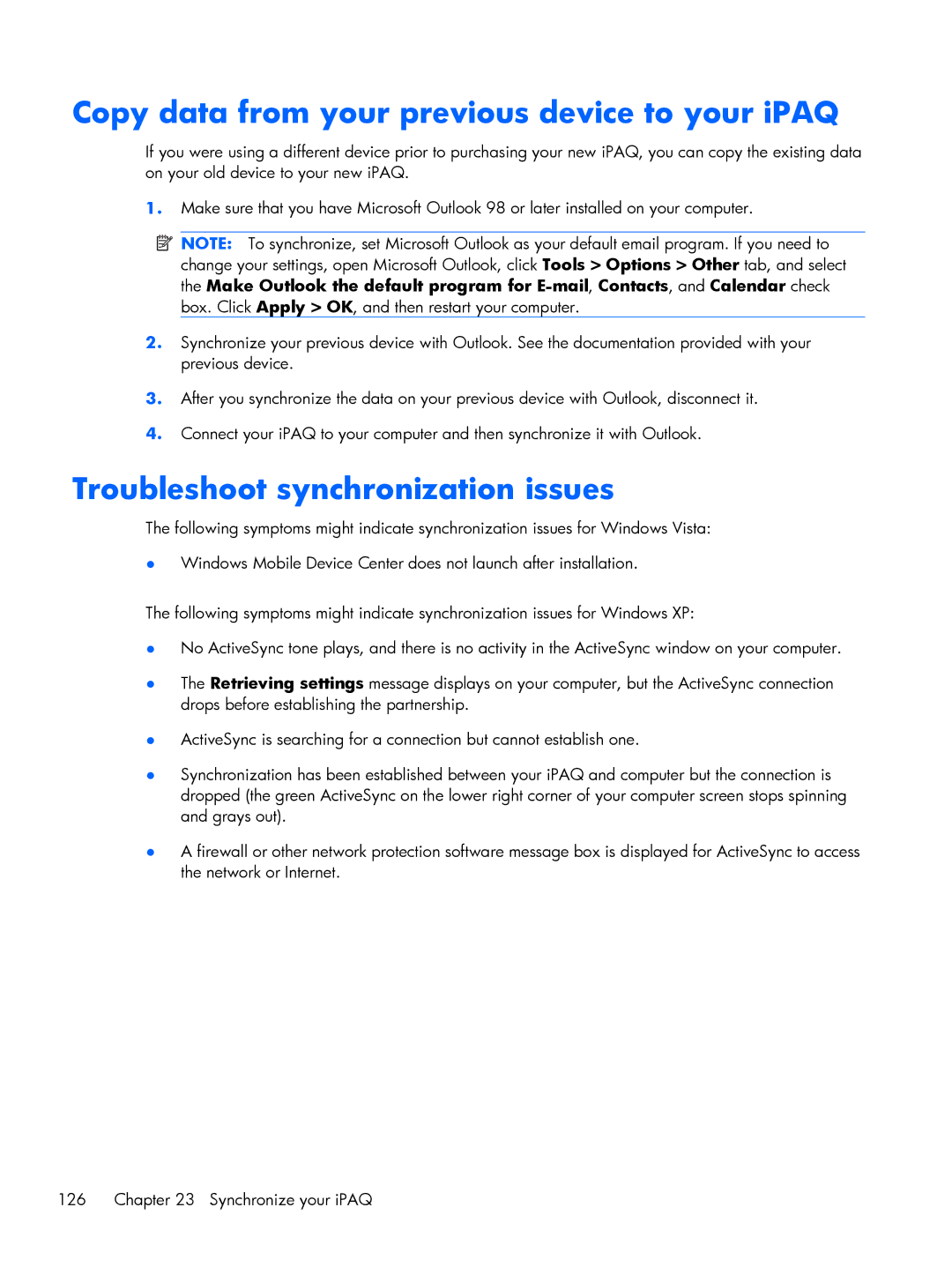 HP Glisten manual Copy data from your previous device to your iPAQ, Troubleshoot synchronization issues 