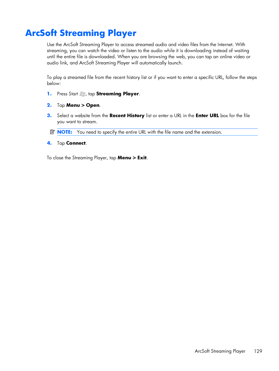 HP Glisten manual ArcSoft Streaming Player, Tap Menu Open, Tap Connect 