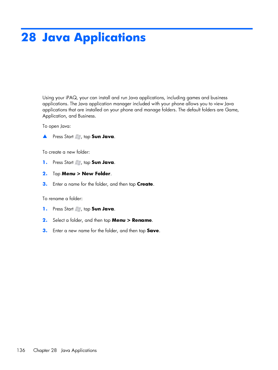 HP Glisten manual Java Applications, Tap Menu New Folder 